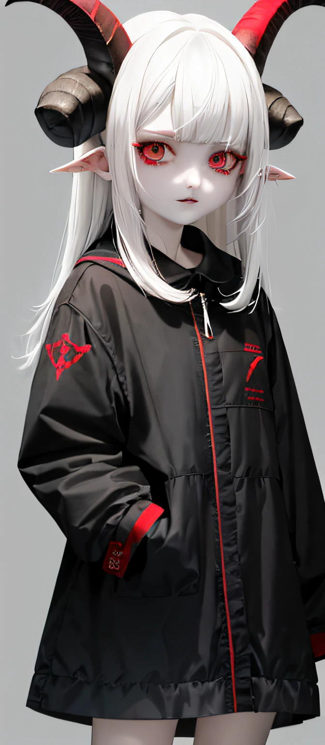 evil girl, who is a goat girl. she has small horn on the head. white hair, red eyes. pale skin