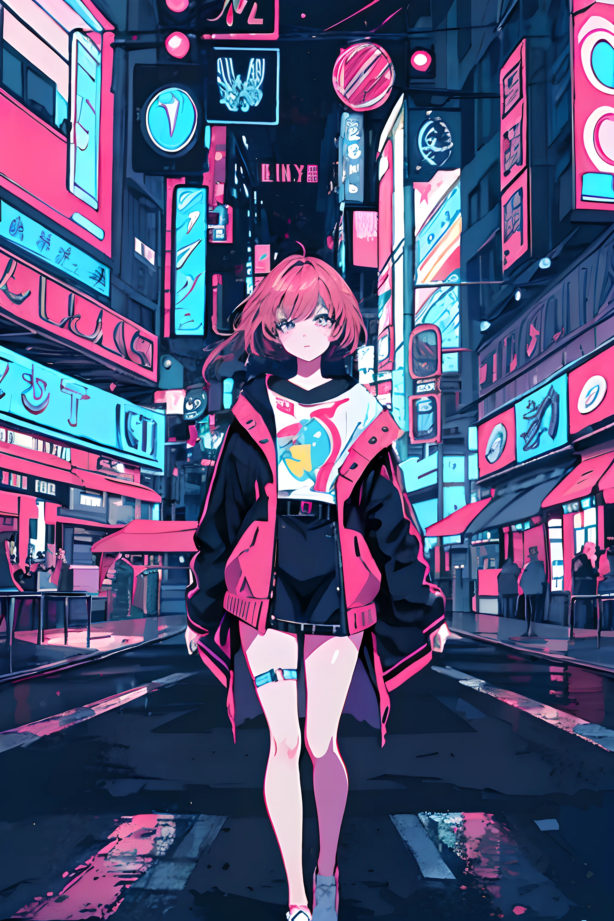 best quality, 4K wallpaper, masterpiece, extremely detailed CG unity 8k wallpaper, extremely detailed eyes, ultra-detailed, intricate details, 1girl, retro art style, neon_pop art style, public, outdoors, road sign, city,