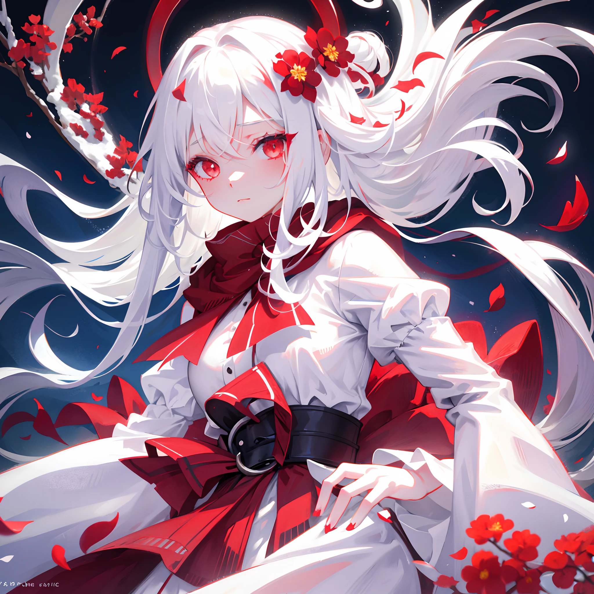 Close up, one girl, long white hair, white eyes, snow, red petals