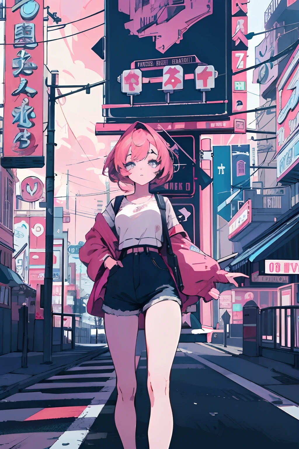 best quality, 4K wallpaper, masterpiece, extremely detailed CG unity 8k wallpaper, extremely detailed eyes, ultra-detailed, intricate details, 1girl, retro art style, neon_pop art style, public, outdoors, road sign, city,