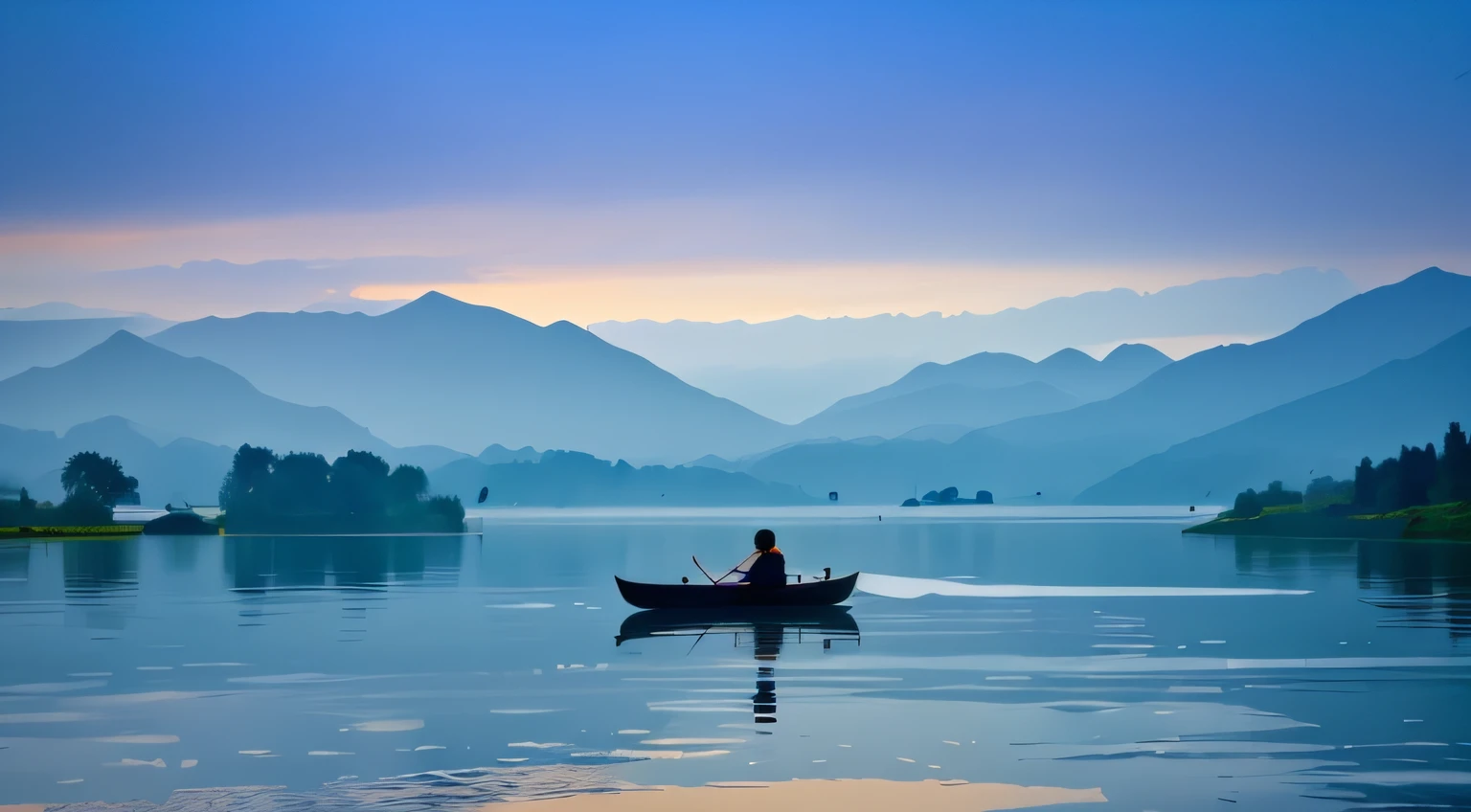 The mountains are in the distance, Tranquil scenery on the lake surface,A beautiful woman rowing a boat,Wearing Dai costumes,The sun has just risen,There is a flock of ducks in the water, in a serene landscape, beautiful serene landscape,