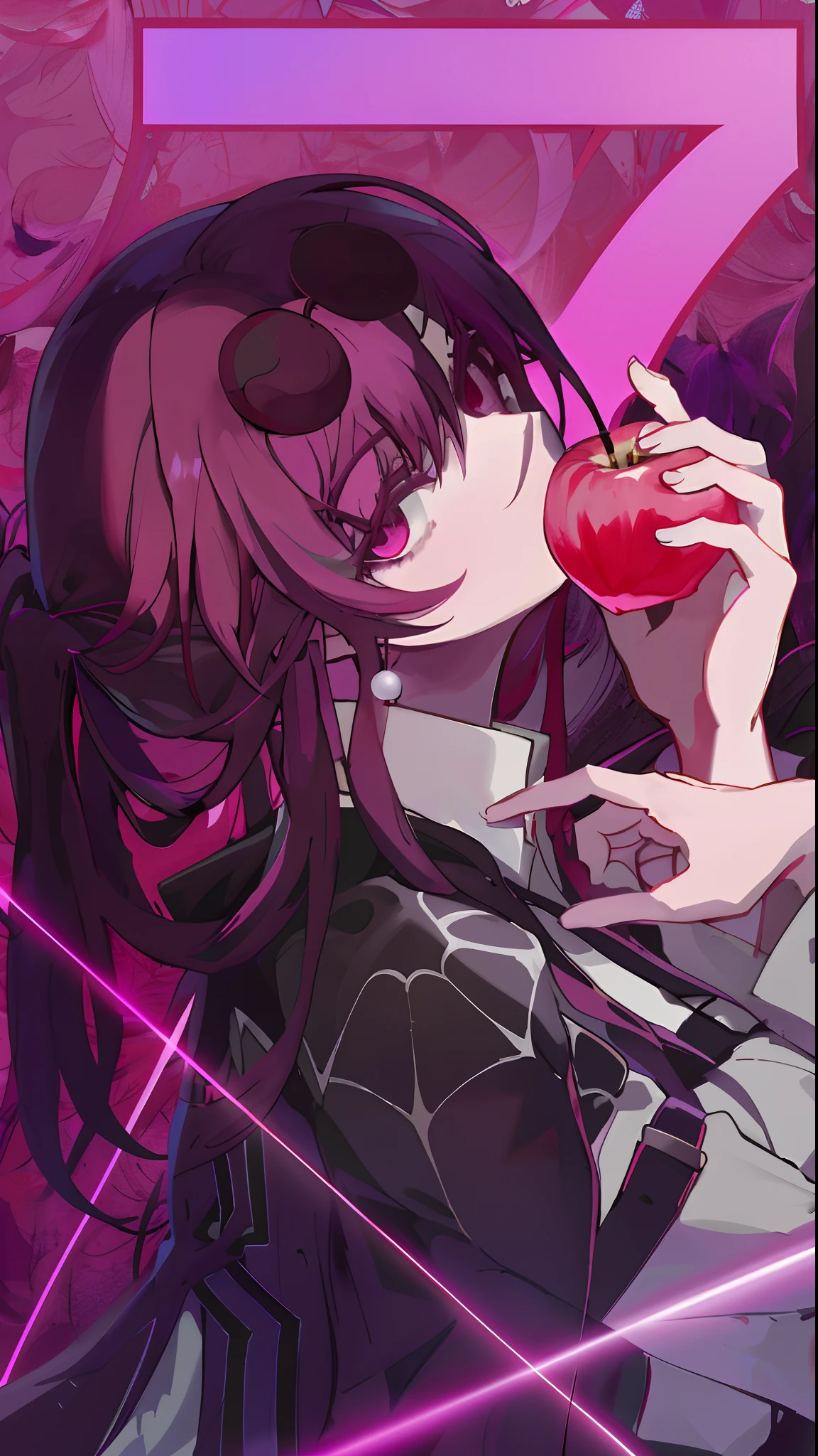 Anime girl with long hair eating apple in front of purple background, gapmoe Yandere grimdark, portrait gapmoe yandere grimdark, digital art from danganronpa, akane owari danganronpa, yandere intricate, Yandere, gapmoe Yandere, Best anime 4k konachan wallpaper, shalltear from overlord