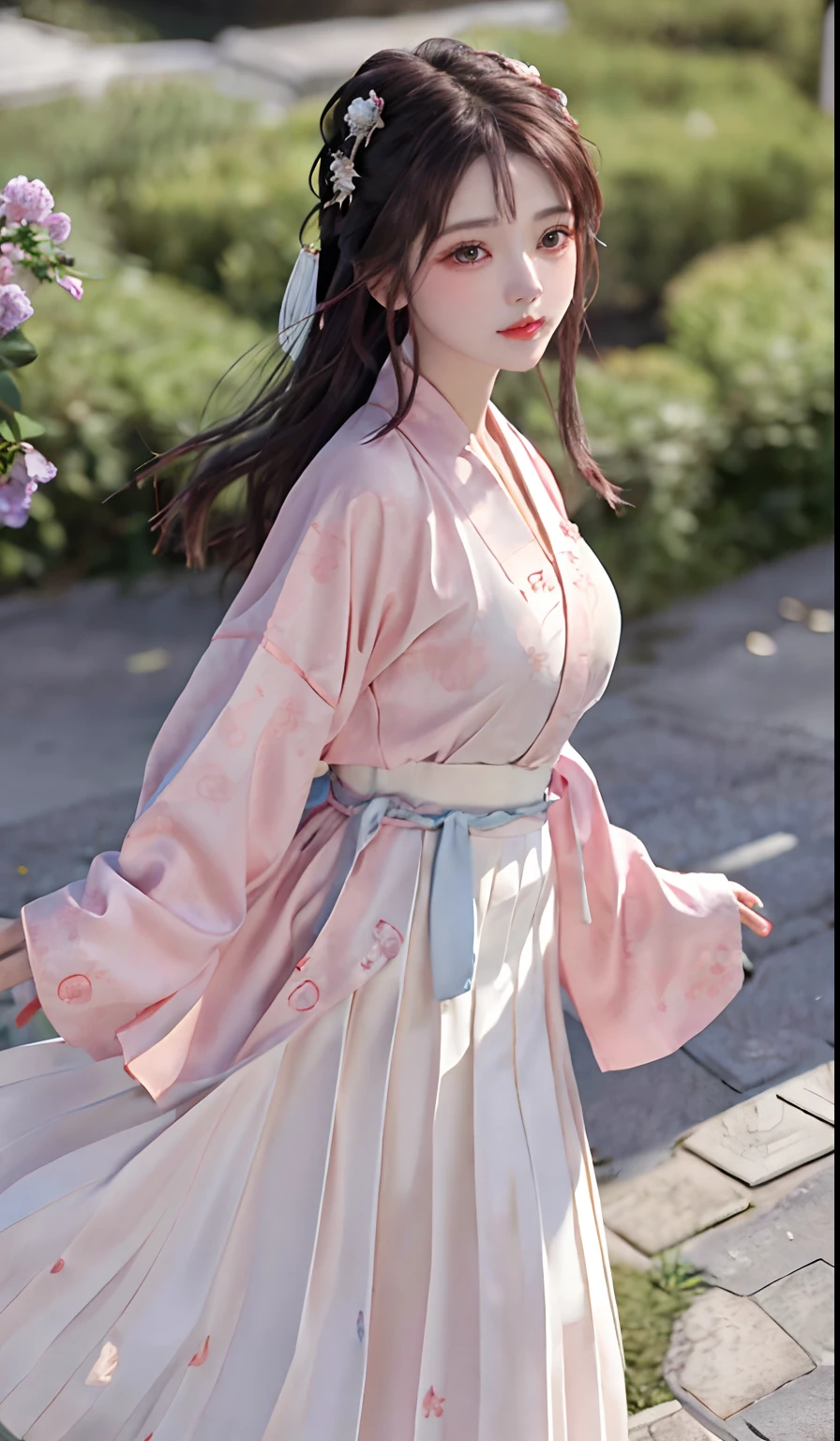 (8k, best quality, masterpiece:1.2), (realistic, photo-realistic:1.2),(sky of background: 1.2),looking at viewer, 1girl,perfect face, perfect eyes,large breasts,perfect skin,make happy expressions,gorgeous,pure,light make up,jade jewelry,hair ornament,hair band,looking at viewer,colorful,(hanfu, song style outfits, 1girl, pink short shan, white pleated skirt, red songmo),