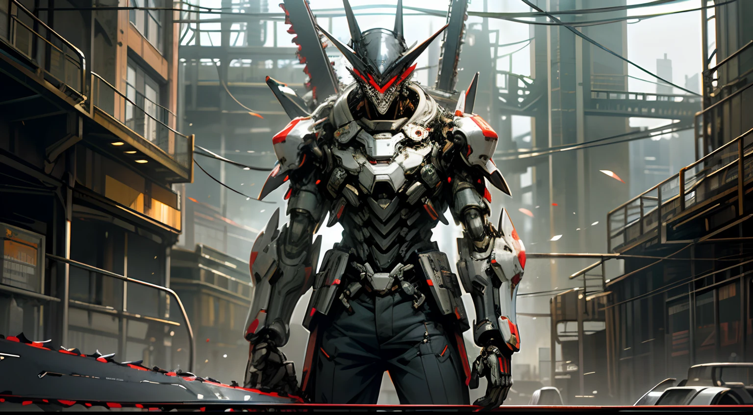 Dark_fantasy,Cyberpunk,(chainsaw,chainsawman,Red:1.1),1人,Mechanical Wonder,Robotic presence,cybernetic guardians,Wearing a German uniform，iintricate，（Steel metal[rusted]），ellegance，Clear focus，Photo by Greg Rutkowski，overcast light，Cool colors，tmasterpiece，（（the street）），dynamicposes，