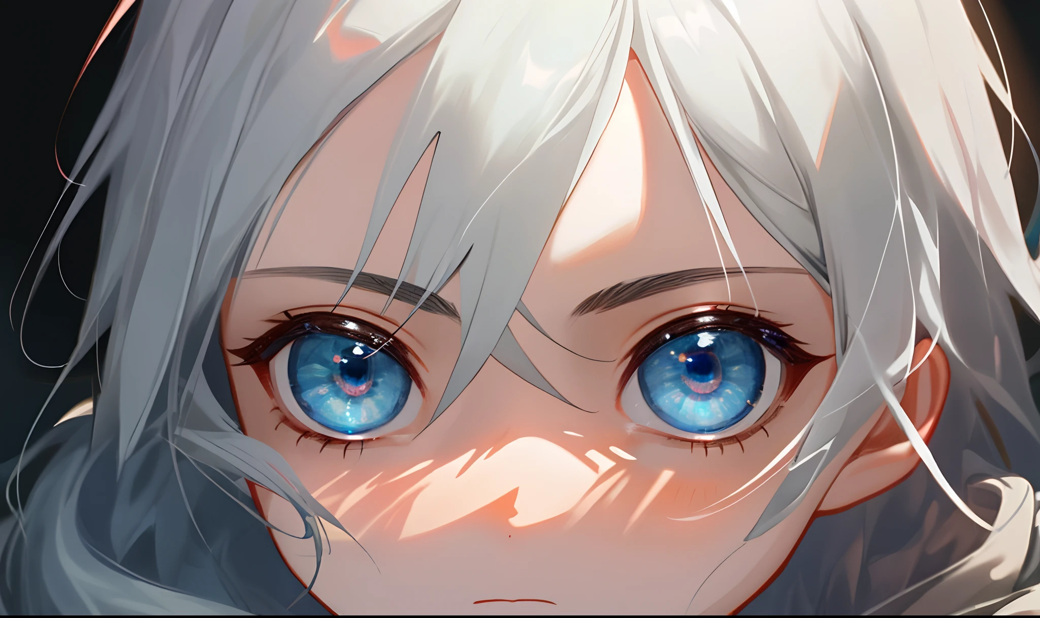 beautiful age girl,CG characters,with long coiled hair,Ray traching,facial closeups,Big blue eyes,expressiveless,Black venue,(k hd)