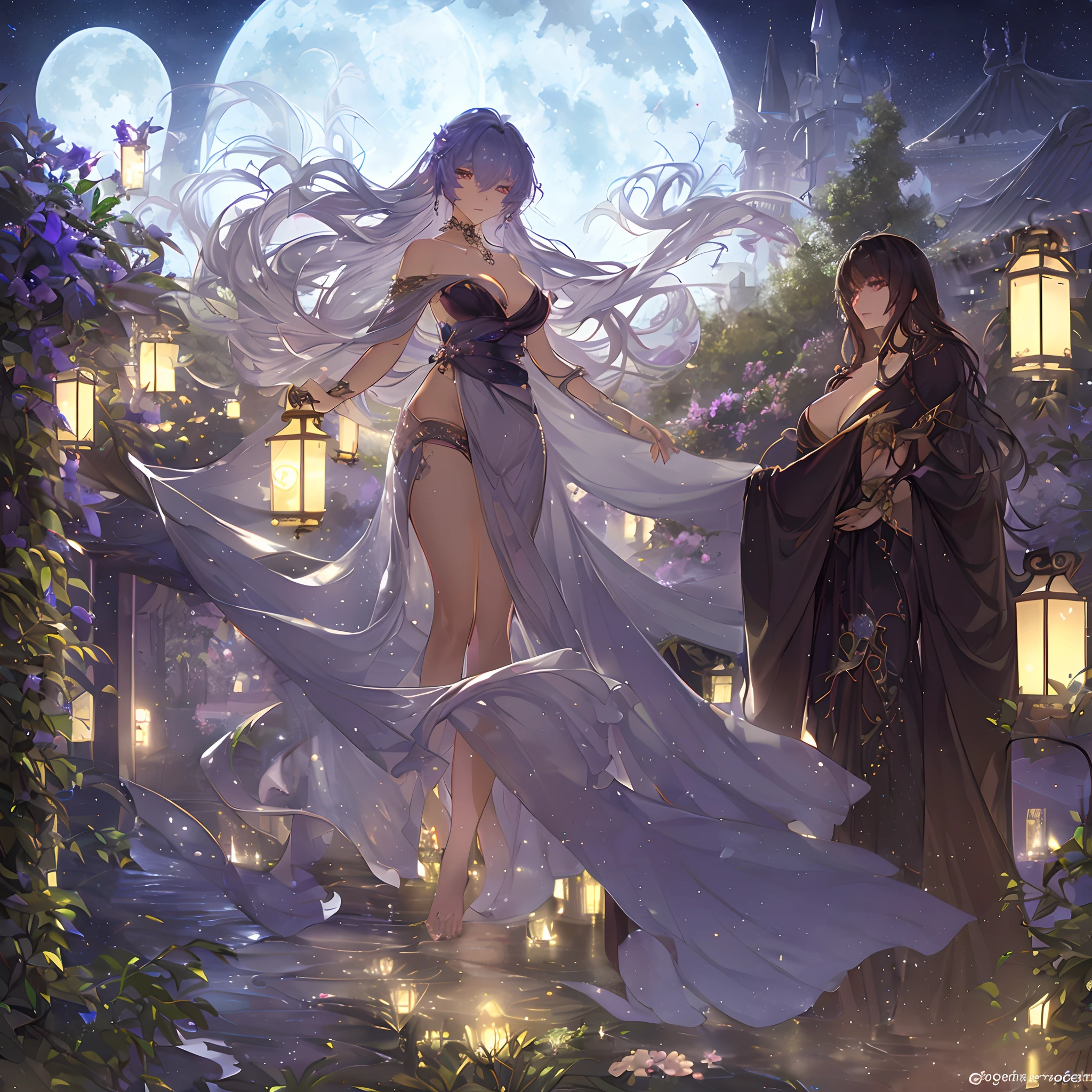 req:(majestic beauty:1.15), (hyperdetailed:1.1), (alluring curves:1.2), (enchanting eyes:1.2), (flowing dark locks:1.1), (elegant robe:1.2), (subtle sensuality:0.85), (mesmerizing presence:1.1), moonlit terrace, cascading vines, holding a glowing lantern, mysterious night.