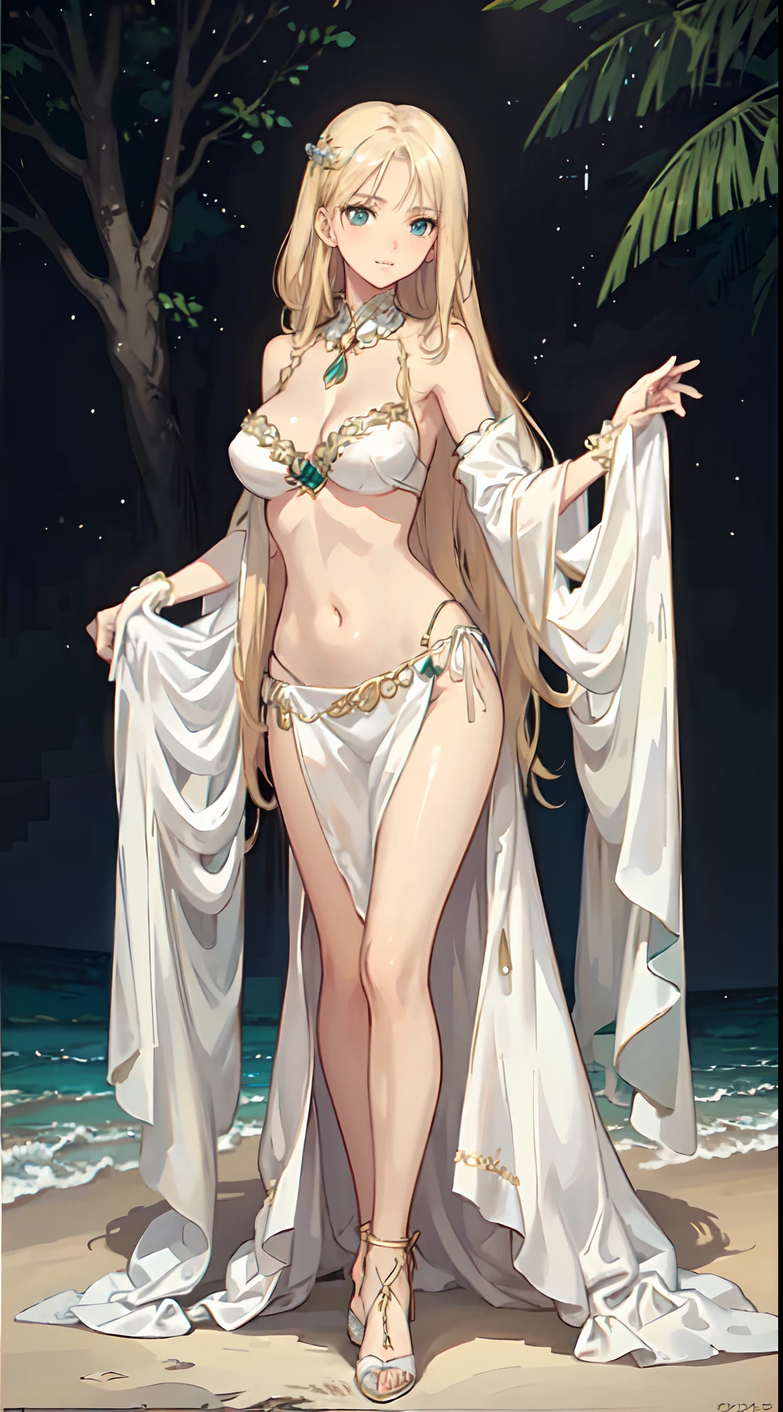 blonde hair, long hair, green eyes, with slender legs and an enticing beach pose, wearing a elegant white gown that shows off her navel, resembling an Arabian belly dancer. She has a short trimmed skirt and her flowing blonde hair is styled in a side ponytail. Her captivating blue eyes exude happiness, while her outfit highlights her alluring cleavage, happy