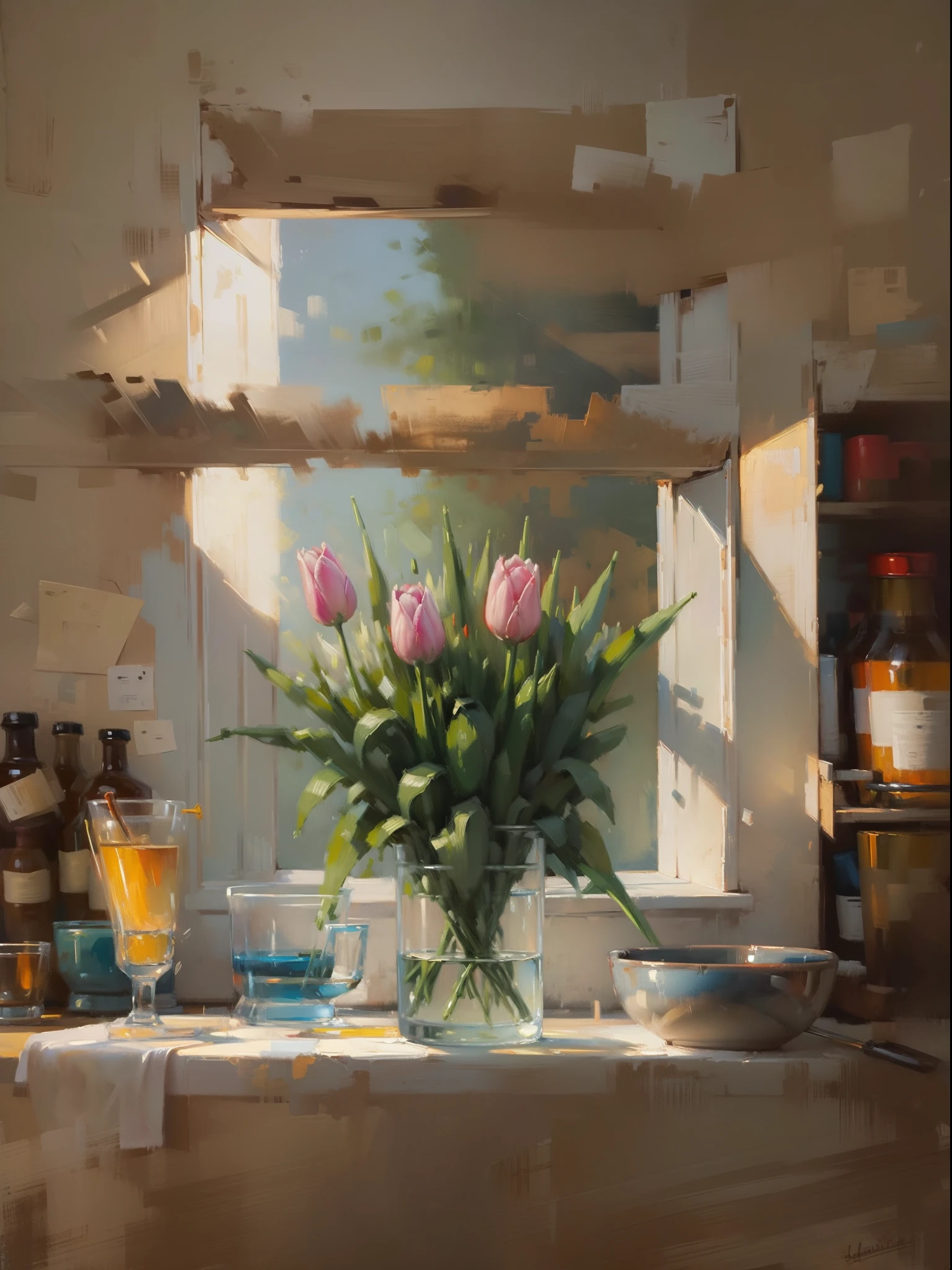 Master oil painting,Still life oil painting,tulips,Clear brush texture,A masterpiece of extraordinary masters,Ultra-clear,8K