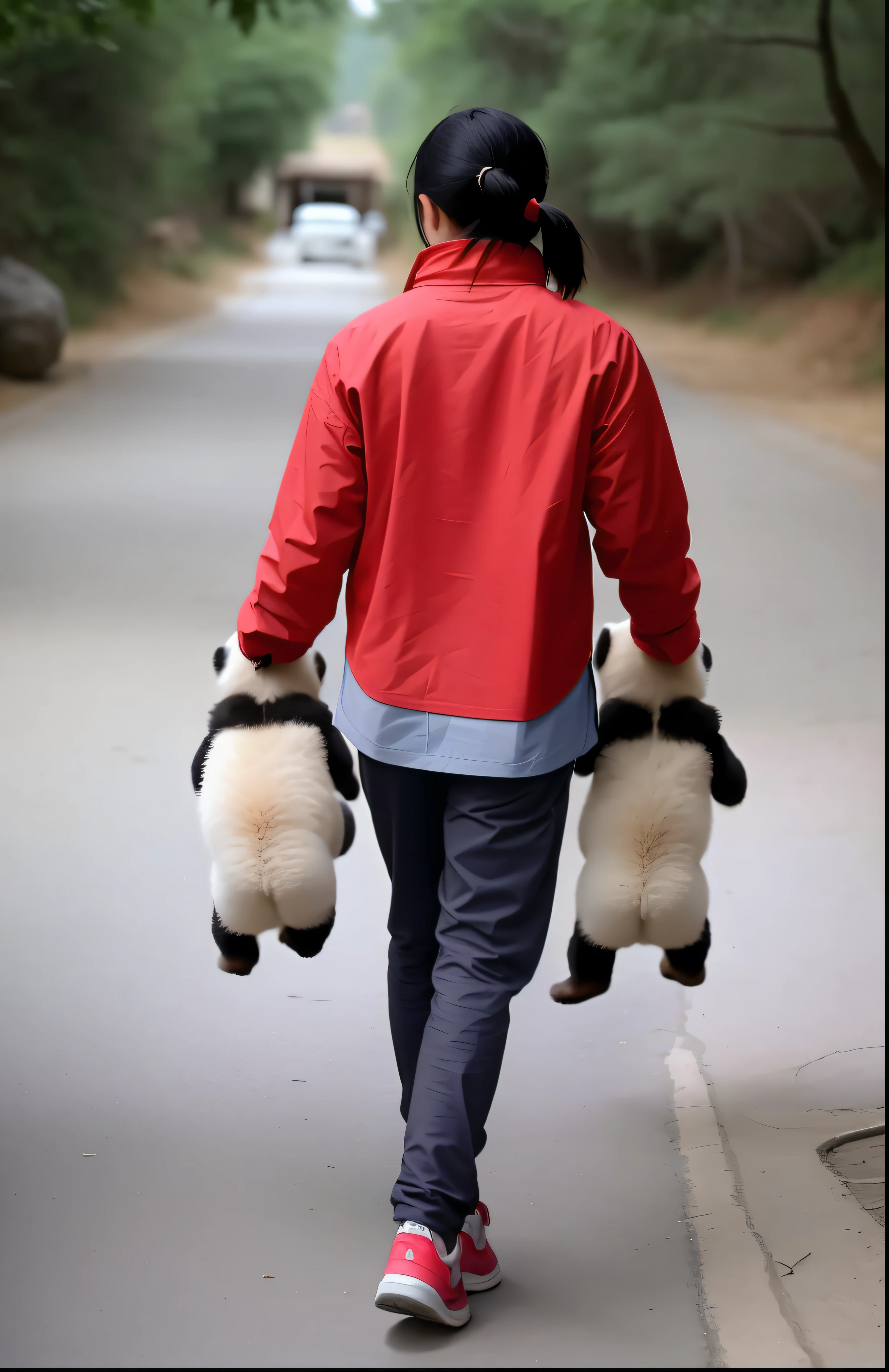 The keeper twisted the back of the necks of two cute pandas,walking down a road,It felt healing,pony tails