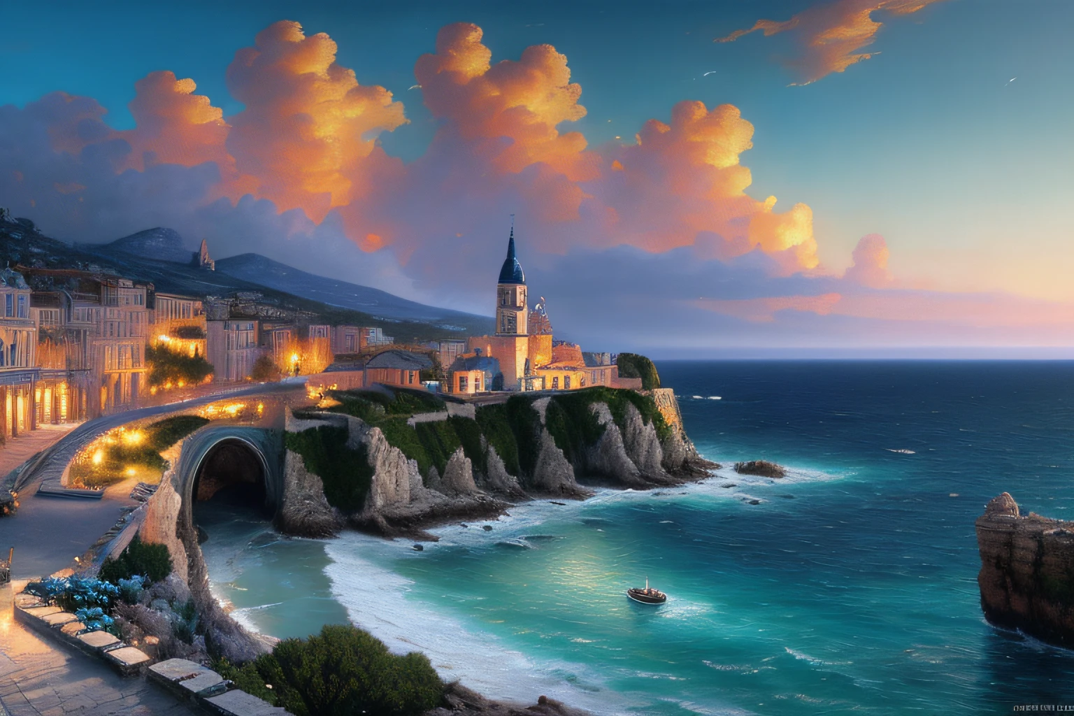 Paysage mer cristalline bleu profond, , Eau cristalline, ciel azur lumineux, ,(Highly detailed CG Unit 8k wallpaper), The most beautiful work of art in the world, Professional majestic oil painting, complexe, High detail, mise au point nette, dramatique, Art of photorealist painting, Alma Tadema