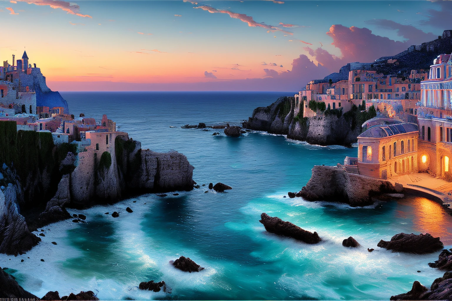 Paysage mer cristalline bleu profond, , Eau cristalline, ciel azur lumineux, ,(Highly detailed CG Unit 8k wallpaper), The most beautiful work of art in the world, Professional majestic oil painting, complexe, High detail, mise au point nette, dramatique, Art of photorealist painting, Alma Tadema