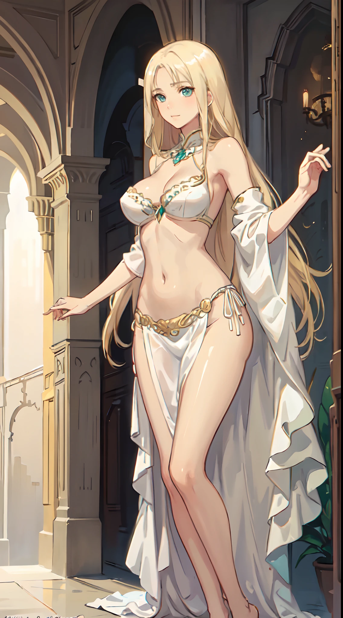 blonde hair, long hair, green eyes, with slender legs and an enticing beach pose, wearing a elegant white gown that shows off her navel, resembling an Arabian belly dancer. She has a short trimmed skirt and her flowing blonde hair is styled in a side ponytail. Her captivating blue eyes exude happiness, while her outfit highlights her alluring cleavage, happy