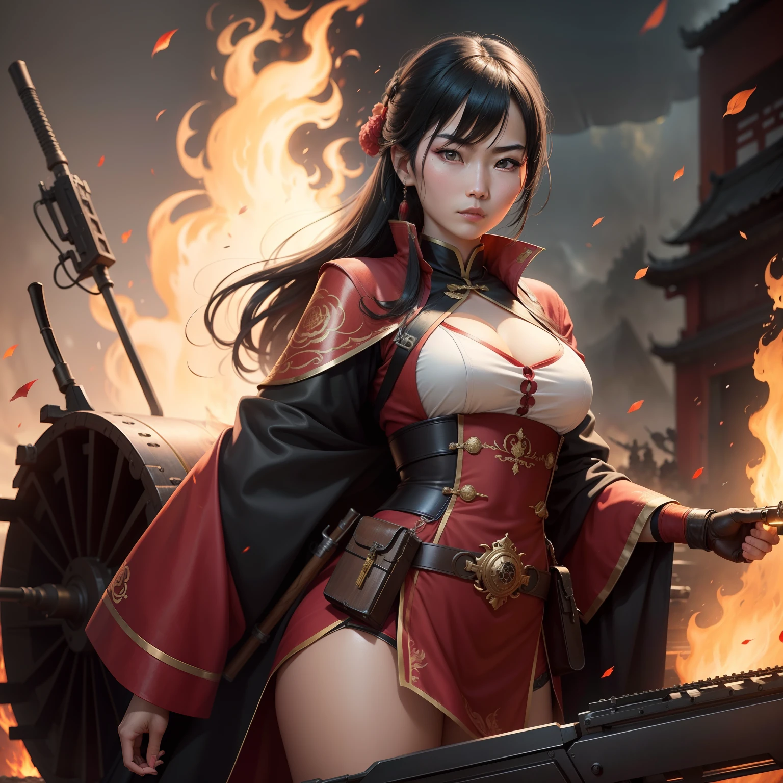 A Chinese sexy female warrior with a Maxim machine gun,Behind him is the flames of war ,She stared firmly ahead