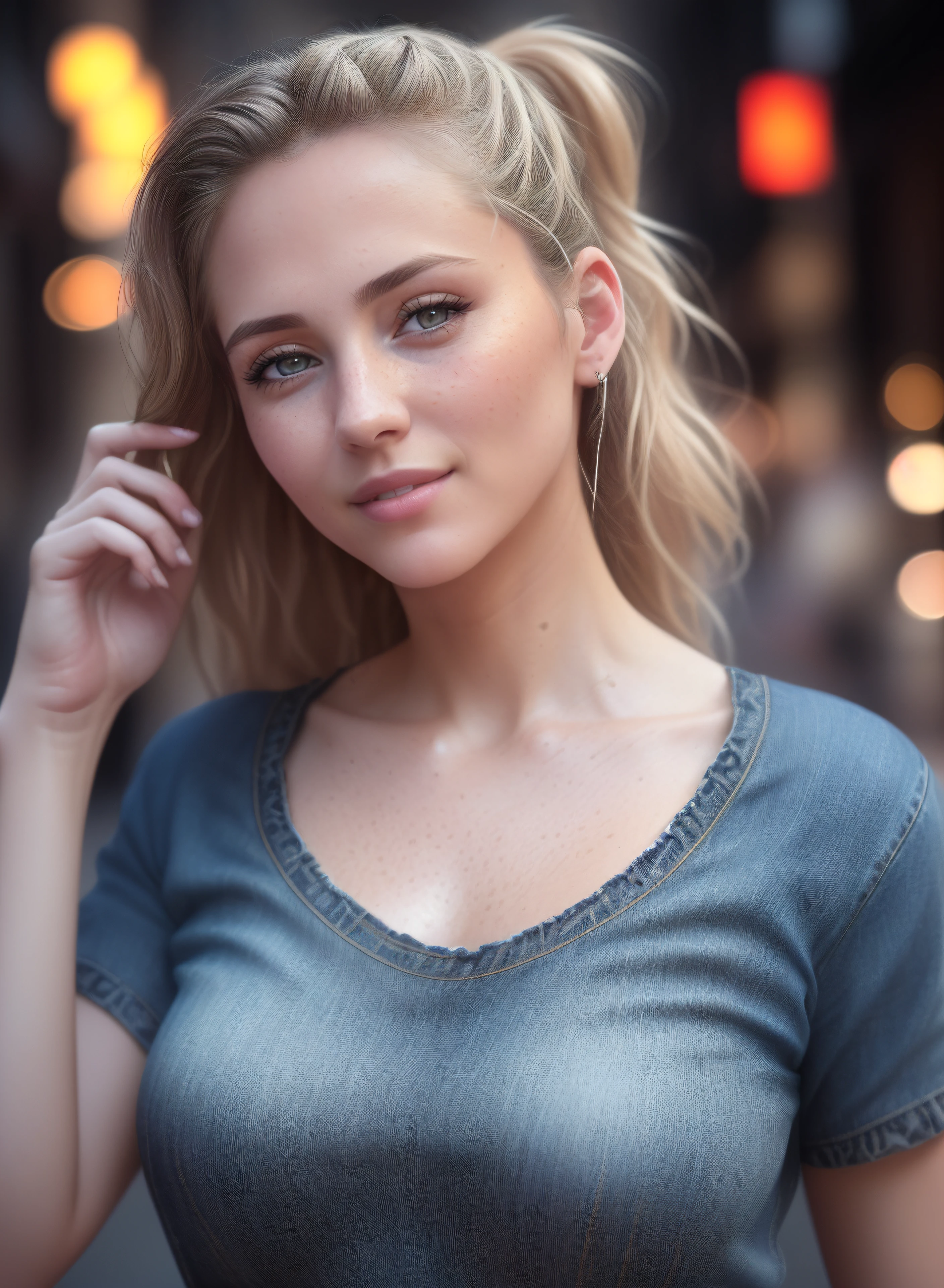 (8k), (best quality), (masterpiece:1.2), (realistic), (photorealistic:1.37), ultra-detailed, 1 girl, caucasian, detailed face, (tight jean), (t-shirt), ((night street background)), (stands straight), ((perfect female body, skin dentation)), mature female, milf, narrow waist, smile, (full body), sexy legs, blonde | ponytail | wavy, high quality, HDR, 4K, photorealistic, incredible detail of the skin, (slightly sweaty body:0.5), professional photo