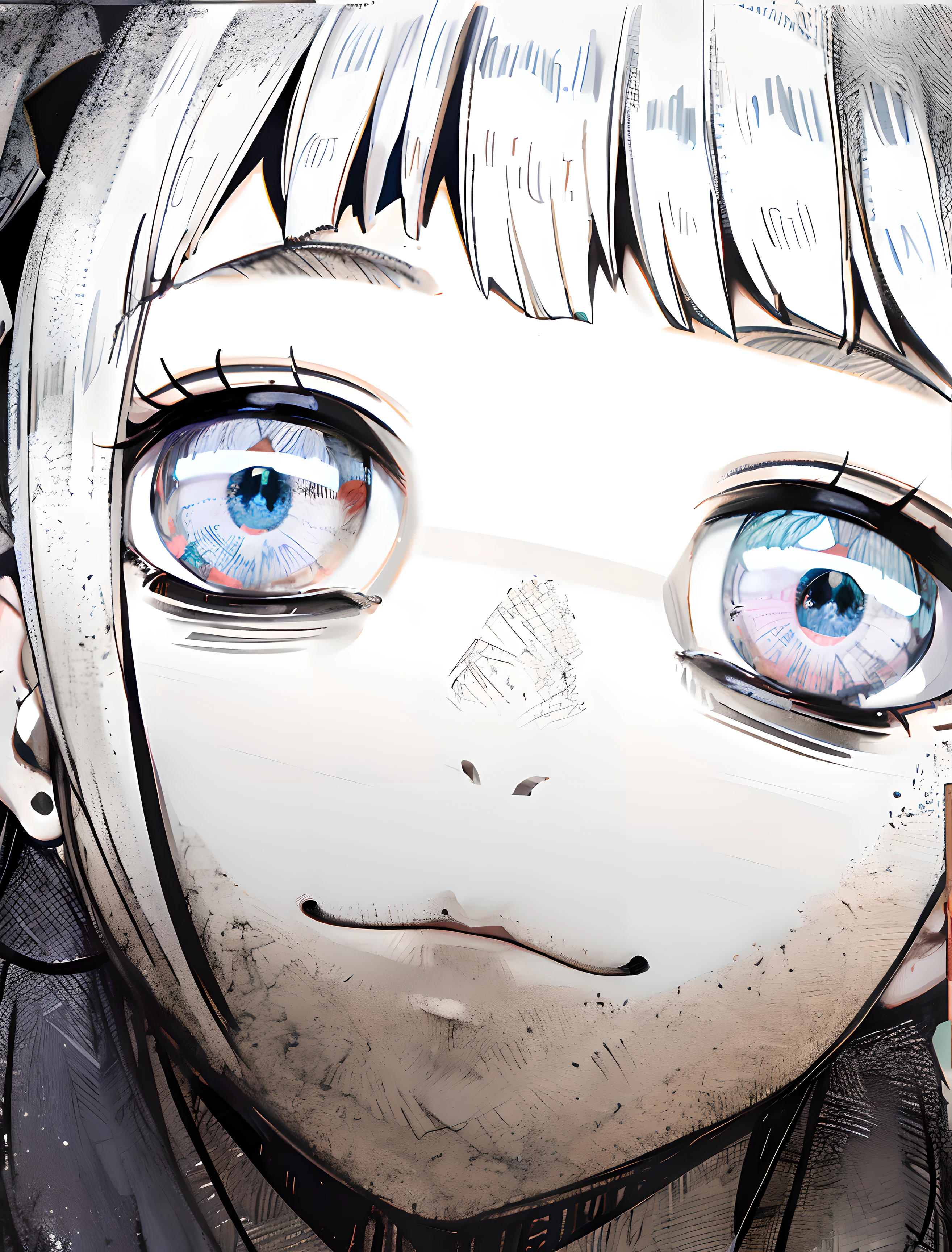 Anime - Style drawing of a girl with white hair, Red anime pupils in her eyes, junji ito 4 k, close up of a young anime girl, Best anime 4k konachan wallpaper, ahegao face, girl with white eyes, Detailed anime face, intricate ornate anime cgi style, huge anime eyes, ahegao, digital manga art,adolable
