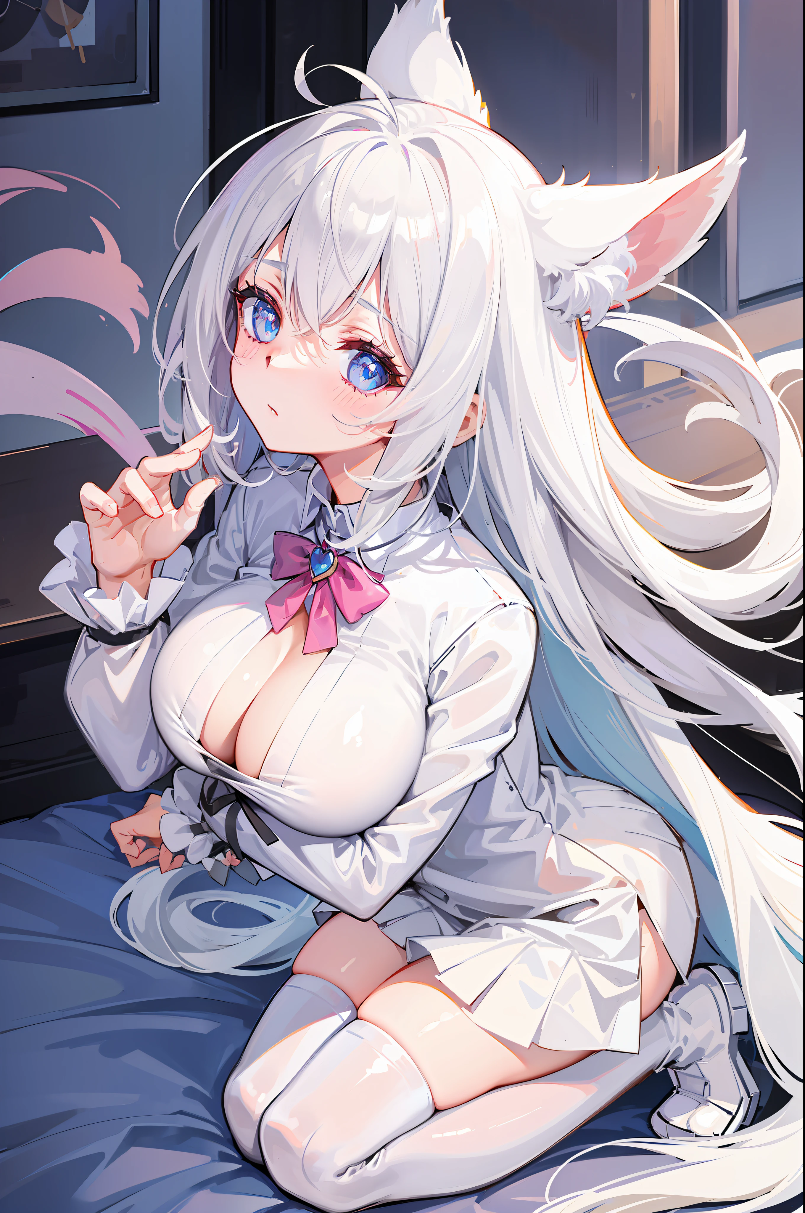 Blush, ((((White color blouse)))), white long boots, (on top of the bed), Kneeling, D-cups, White hair, ahoge, Heart-shaped pupils, blue color eyes, cat ear, is shy,Black gloves, torogao, Reflectors, Yandere, anime big breast, Chiaroscuro, Ray tracing, shadowing, hyper HD, Masterpiece, Accurate, Anatomically correct, Textured skin, Super detail, High details, High quality, Award-Awarded, Best quality, A high resolution, 16k,(There is love around you),Tempting