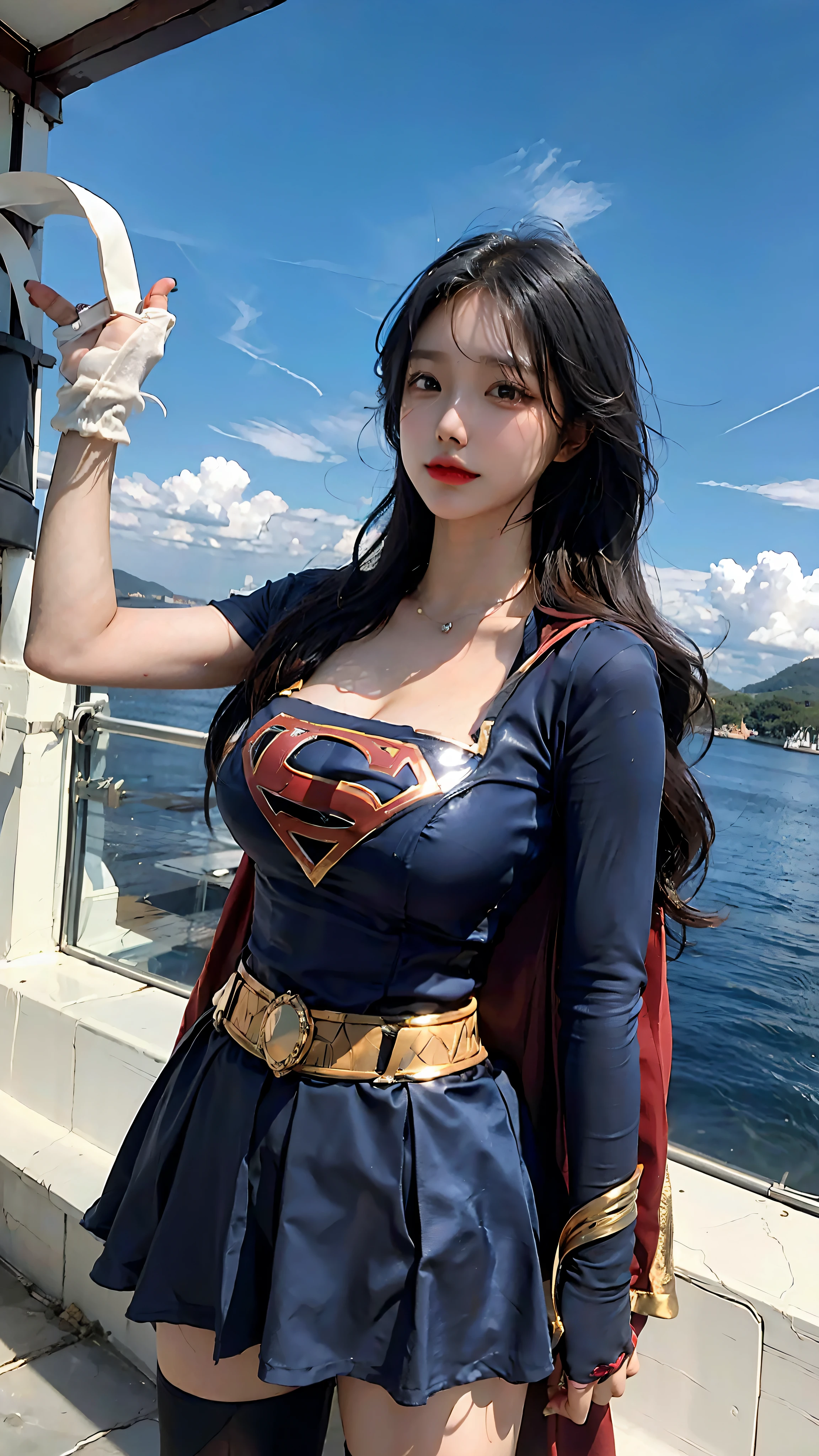 Woman body set big breasts, Supergirl Costume Dress, flying in sky, 4k, Huge details, surreal, Detailed Face, 韓国アイドル, a beauti