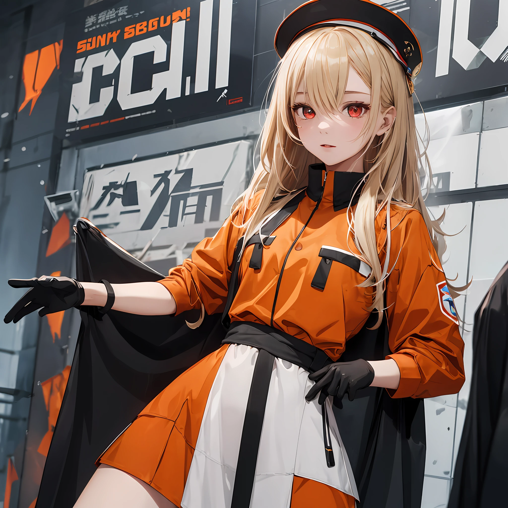1girl,flatchest,adolable,美丽细致的眼睛,shinny hair,visible through the hair,Hair between the eyes,CCCPposter,sovietposter,blond hairbl,red - eyed,Vampires,teens girl,vestments:Orange_clothing_body:jumpsuit ), white_gloves, white_space s
