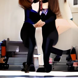 Two women in black shirts and black silk socks are posing for photos