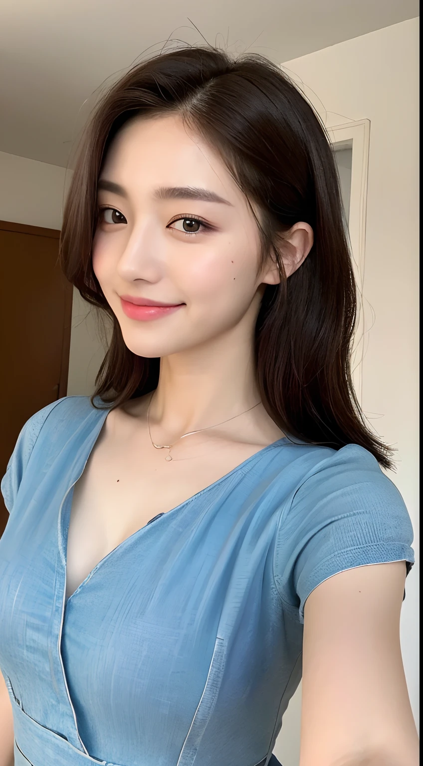 ((Best Quality, 8K, Masterpiece: 1.3)), 1girl, Slim Abs Beauty: 1.3, (Hairstyle Casual, Leaky Big Breasts: 1.2), Dress: 1.1, Super Fine Face, Delicate Eyes, Double Eyelids, Smile, Home