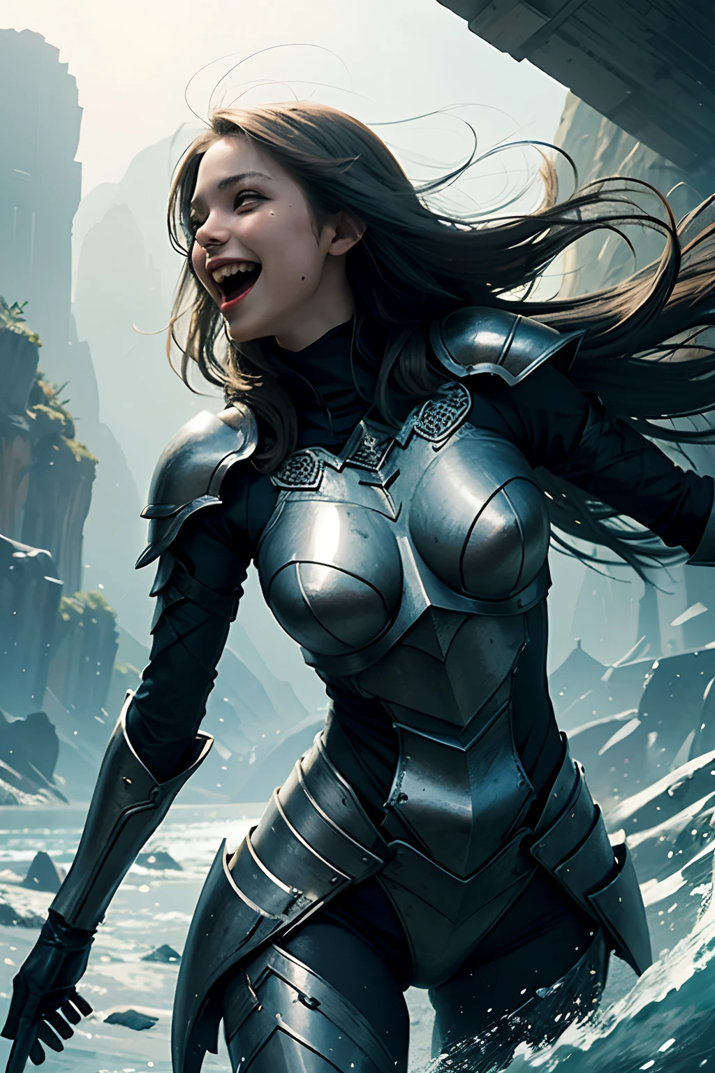 1girl, shiny armor, laughing, Subtle narrative, enigmatic atmosphere, atmospheric perspective, fluid movement, ethereal quality,solo,low fantasy,Lively Brushwork, Striking Composition, Psychedelic Imagery,