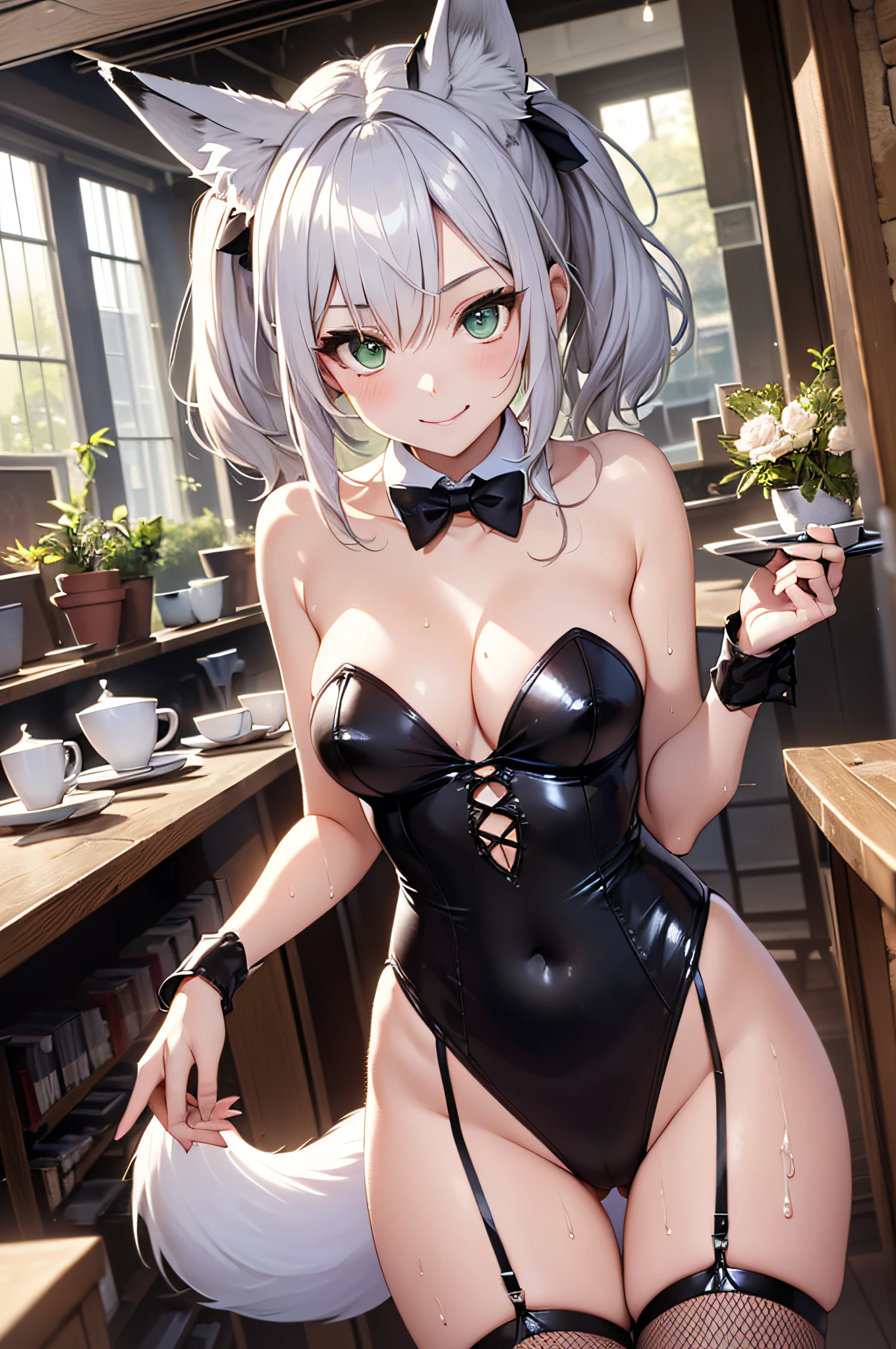 (top-quality、in 8K、32K、masterpiece、nffsw、超A high resolution、Impresionismo、Photorealsitic:1.2)、detailed faces and eyes、cowboy shot, Mystical、(Inside the café:1.4)、beauitful face、blurry backround、18-year-old beautiful girl、wet shiny skin, (1The fox tail of the book grows:1.3)、Wet beautiful silver hair、short-hair、(poneyTail:1.3)、Deep green eyes、Fox ears、hair adornments、kindly smile、Gentle smile、Curve、Playboy Bunny Girl、High-cut leotards、Wearing fishnet stockings、White cuffs、a bow tie、a smile、