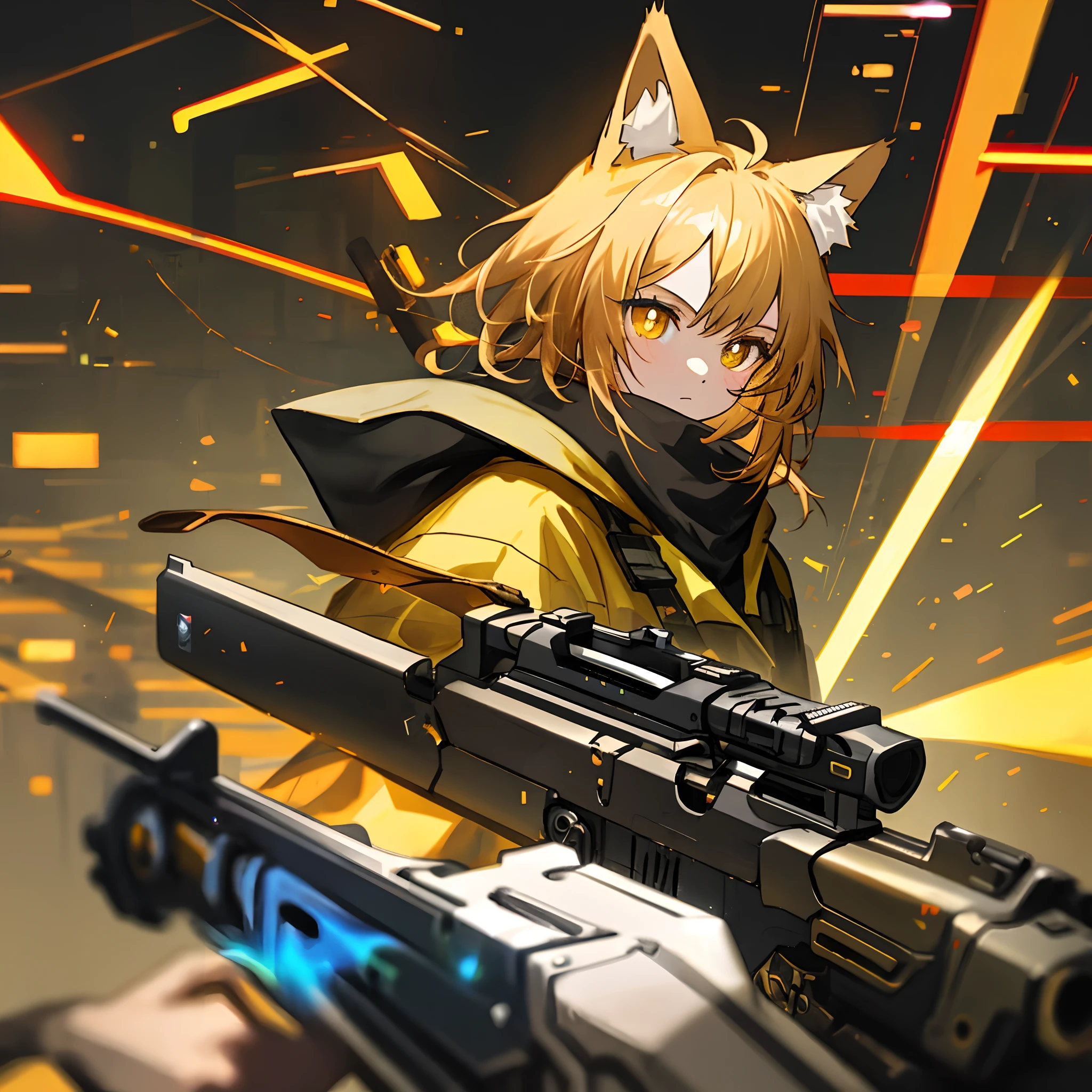 cat ear，whaite hair，Golden pupils，Gun，cyber punk perssonage，abstracted，