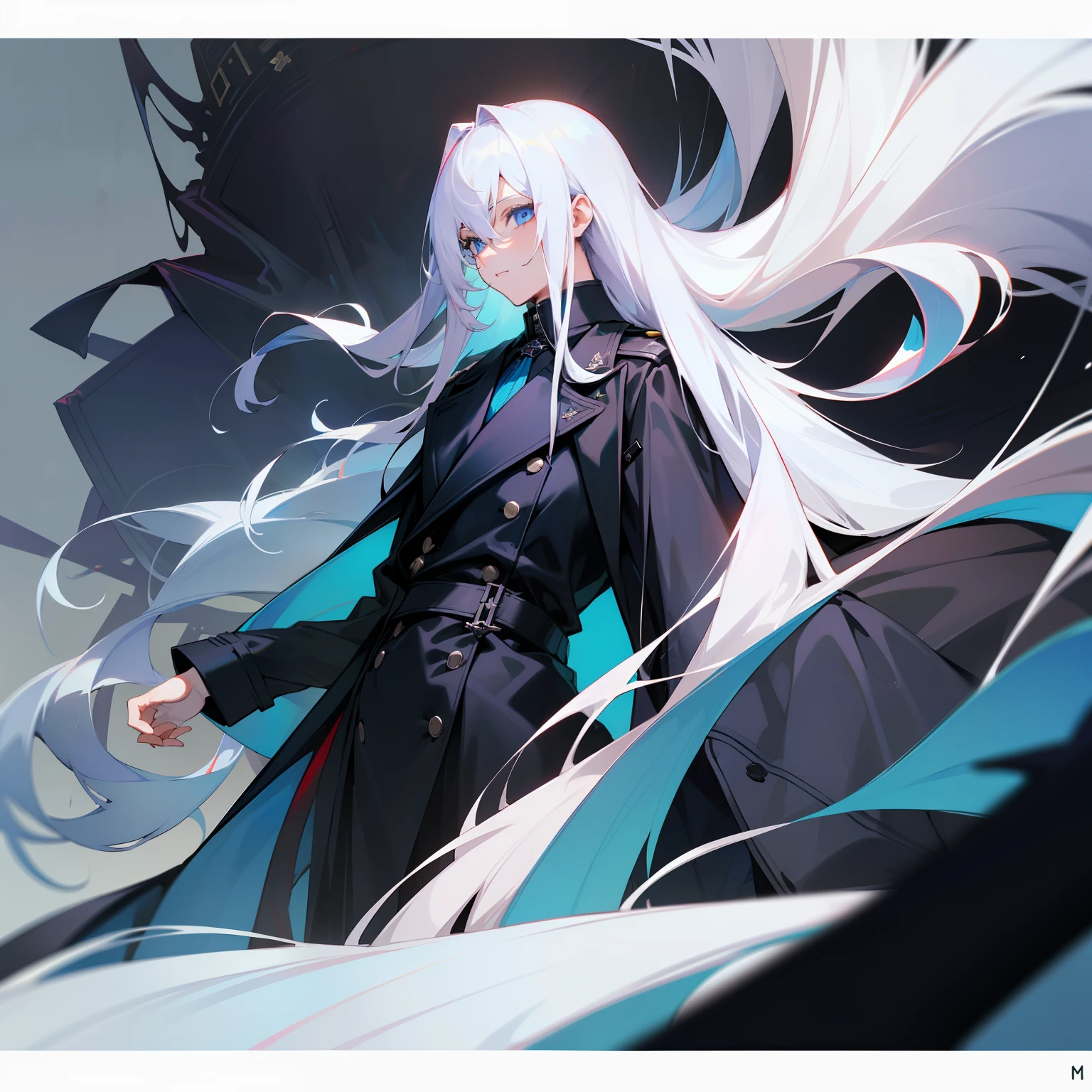 (tmasterpiece，best qualtiy），1 long white-haired, blue-eyed pseudonym，a black trench coat，socialism