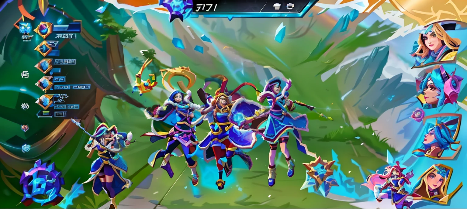 Game screen close-up with a bunch of characters, wild rift, leblanc, riot games, from league of legends, mobile legends, style of league of legends, Irelia, brown tanned skin, seraphine ahri kda, Heroic shot, jumping leaping heroic attack, style league of legends, Summon terrible odds, arcane league of legends