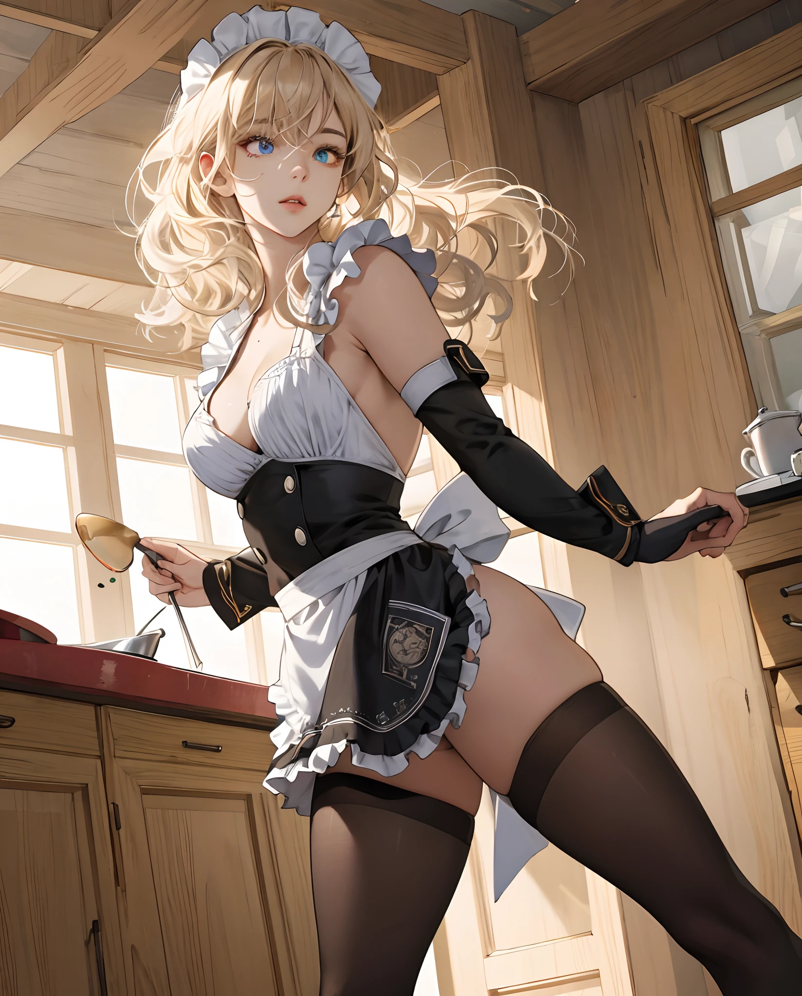 (hyperrealistic), (illustration), (high resolution), (8K), (extremely detailed), (best illustration), (beautiful detailed eyes), (best quality), (super detailed), (masterpiece), (wallpaper), (detailed face), solo, (dynamic pose), 1 girl, white wavy hair in the kitchen, korean, heterochromic eyes, small moles under the eyes, ((apron)), big breasts, long legs, tightens abs, (camel toes), (black stockings), (no panties), (no bra)