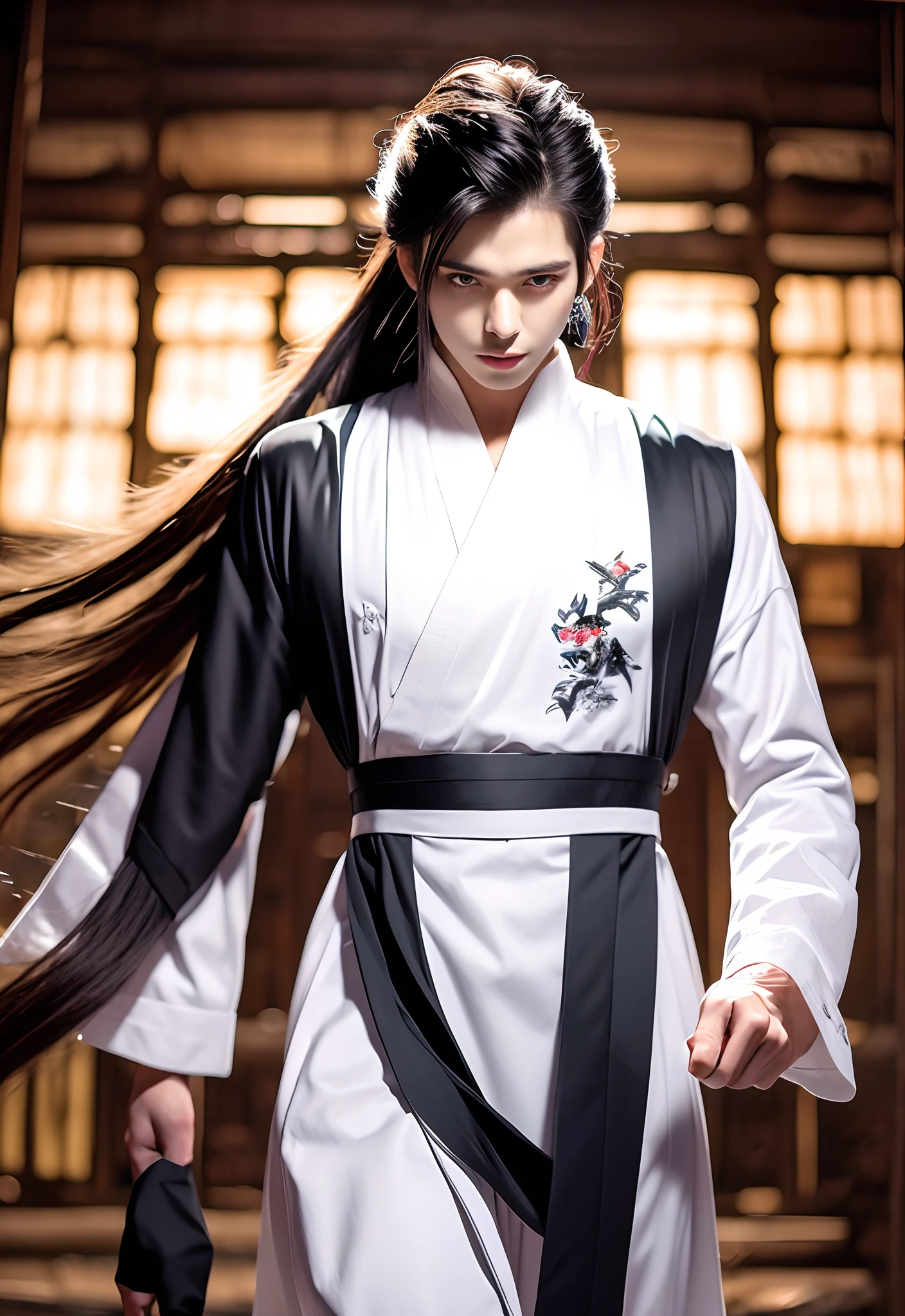 18 years old boy ancient Chinese bamboo forest cool color black medium long hair
Long ponytail hair, thin handsome male tears white robe