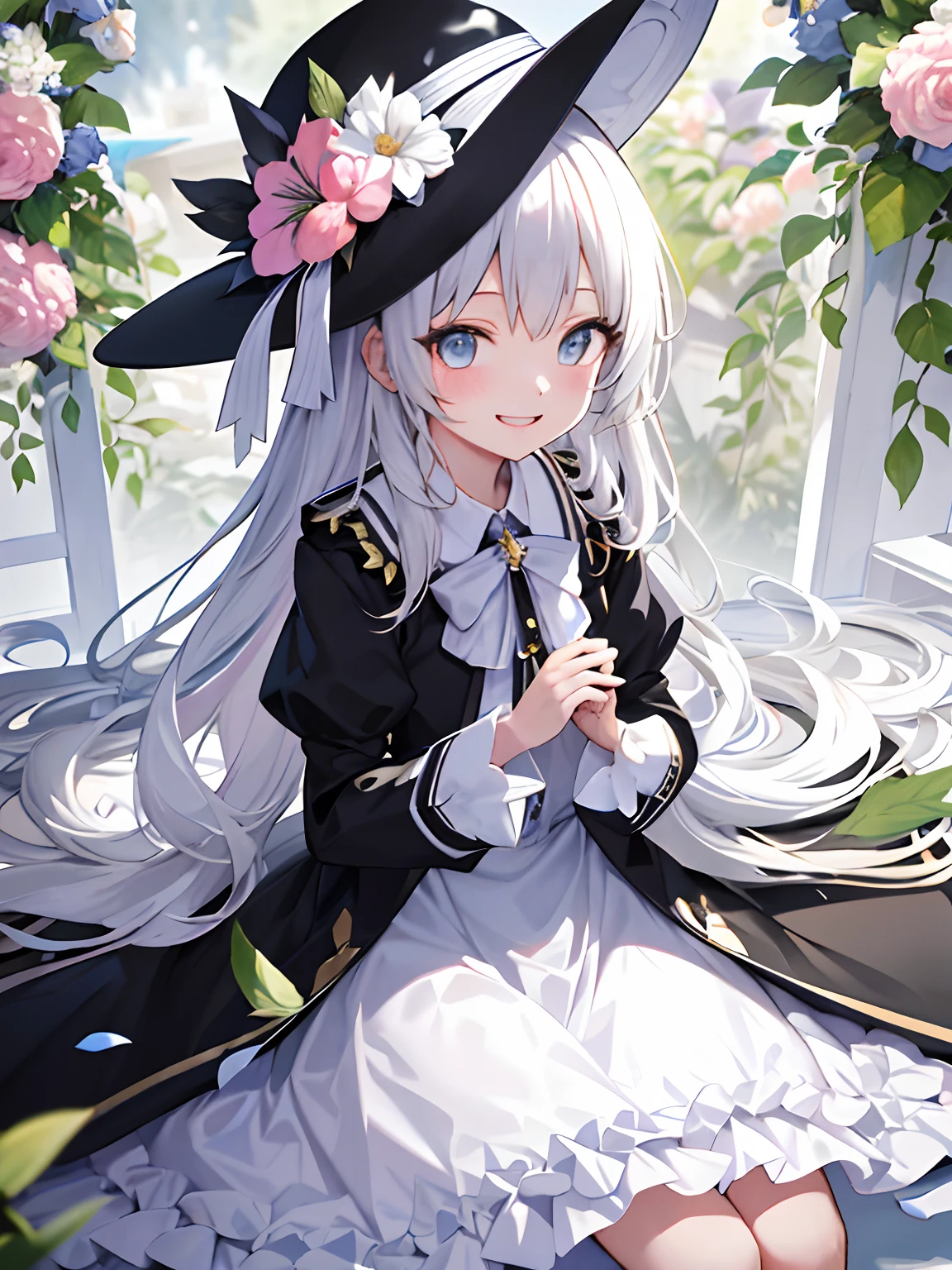 tmasterpiece， Best quality at best， 1girll， animemanga girl，Light black magic hat with flowers on it，white dresses，White color blouse，Light blue eyes，looking at viewert，Big sister，There are flowers around，happy grin，gentleness，heal