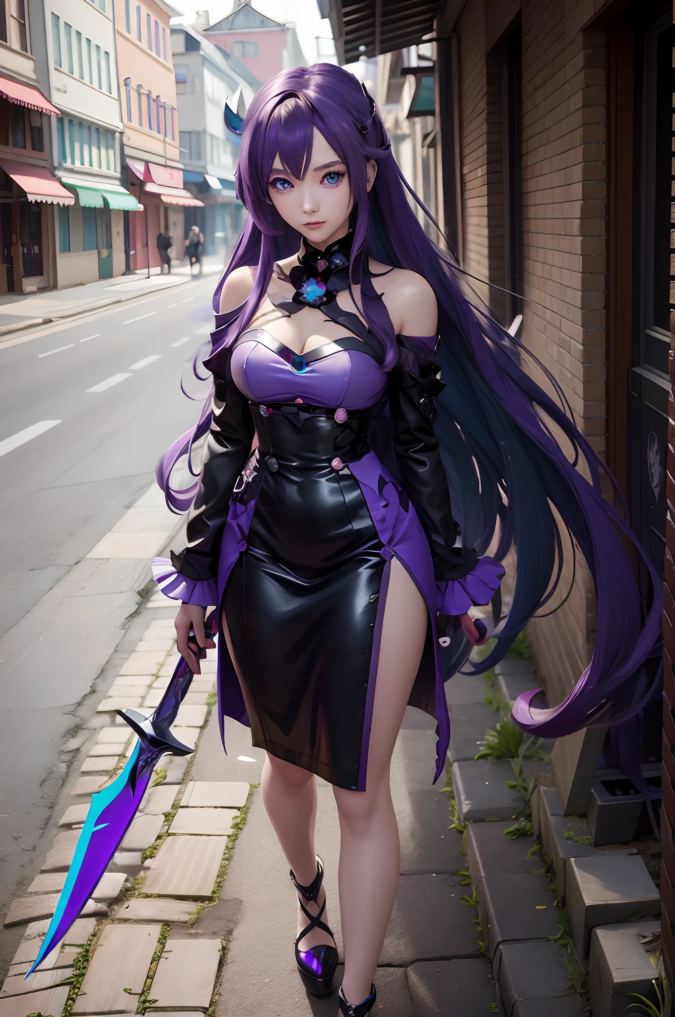 Anime girl cosplay，Glamorous purple-haired sickle in a dress，Ciel from the Honkai Star Dome Railway，The ultimate delicacy in Artgerm's style，Attractive anime girl in reality，Anime-style Irelia，shalltear from overlord，Blue-purple scythe in hand。