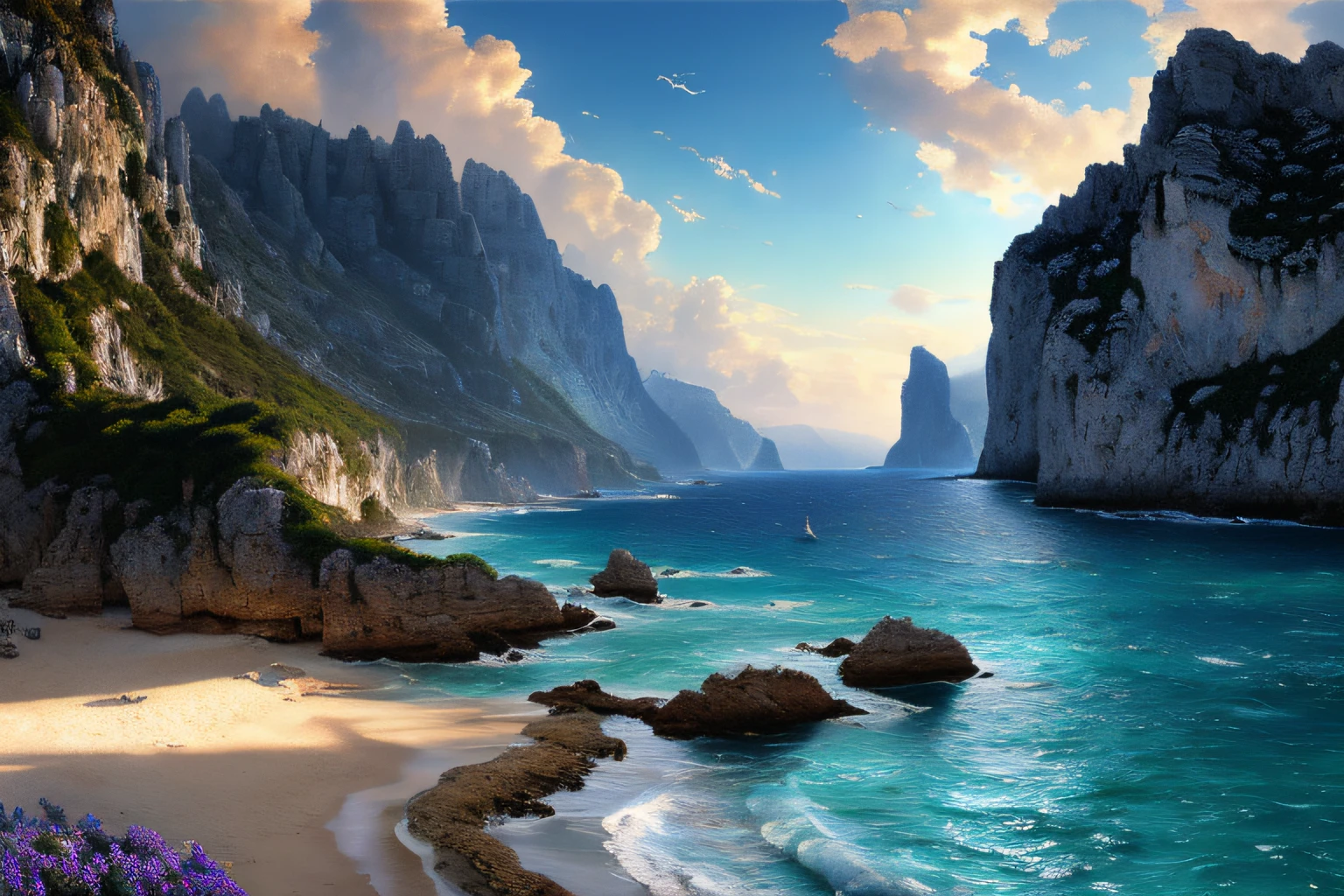 Paysage mer cristalline bleu profond, , Eau cristalline, ciel azur lumineux, ,(Highly detailed CG Unit 8k wallpaper), The most beautiful work of art in the world, Professional majestic oil painting, complexe, High detail, mise au point nette, dramatique, Art of photorealist painting, Alma Tadema