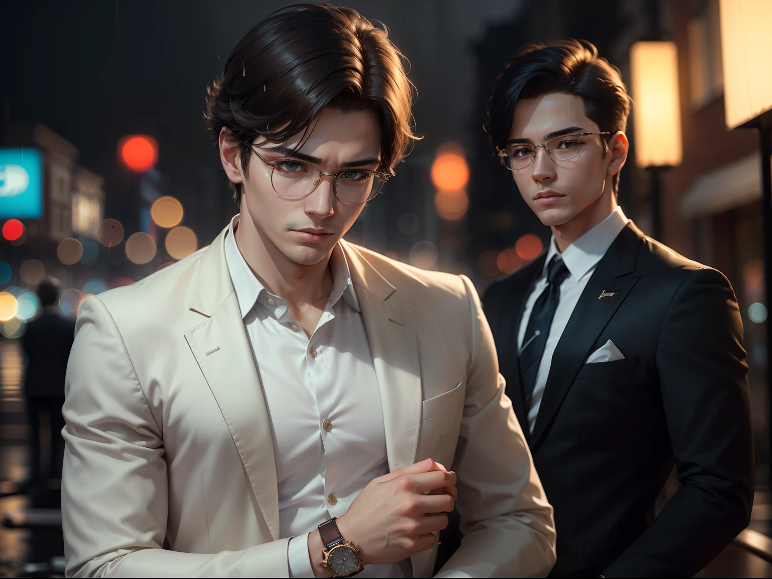 Casual pose, (extremely delicate and beautiful work), (masterpiece), 2boy, overbearing president, gold wire glasses, white shirt, high detail, suit, watch, cold expression, clear eyes, simple bokeh background, extreme detail depiction, handsome and compelling, super fine painting, delicate face, fine mix4, (8k, RAW photo, best quality, masterpiece: 1.2), (realistic, realistic: 1.37), 2boy, handsome, cityscape, (((night))), rain, wet, professional lighting, photon mapping, radiosity, physically-based rendering,