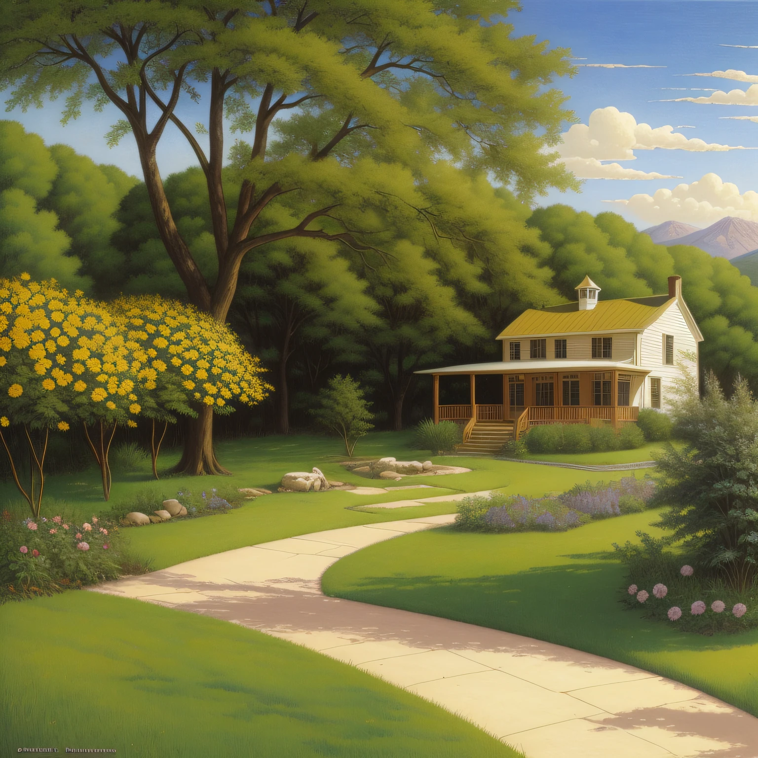 town of Burnet, 1872, painting of the house that stood on the edge of town. it was a large square house, white, with green blinds, and had a porch in the front, over which roses and clematis made a thick bower. four tall locust-trees shaded the gravel path which led to the front gate. on one side of the house was an orchard, on the other side were wood piles and barns, and an ice-house. behind was a kitchen gardensloping to the south, and behind that a pasture with a brook in it, and butternut trees, and four cows - two red ones, a yellow one with sharp horns tipped with tin, and a dear little white one. darrell k sweet, by jason a. engle, by scott gustafson, james gurney painting style, by johfra bosschart, virgil finlaytim hildebrandt, by johannes helgeson, by brian thomas, tolkien and michael komark, moebious + loish + wolp