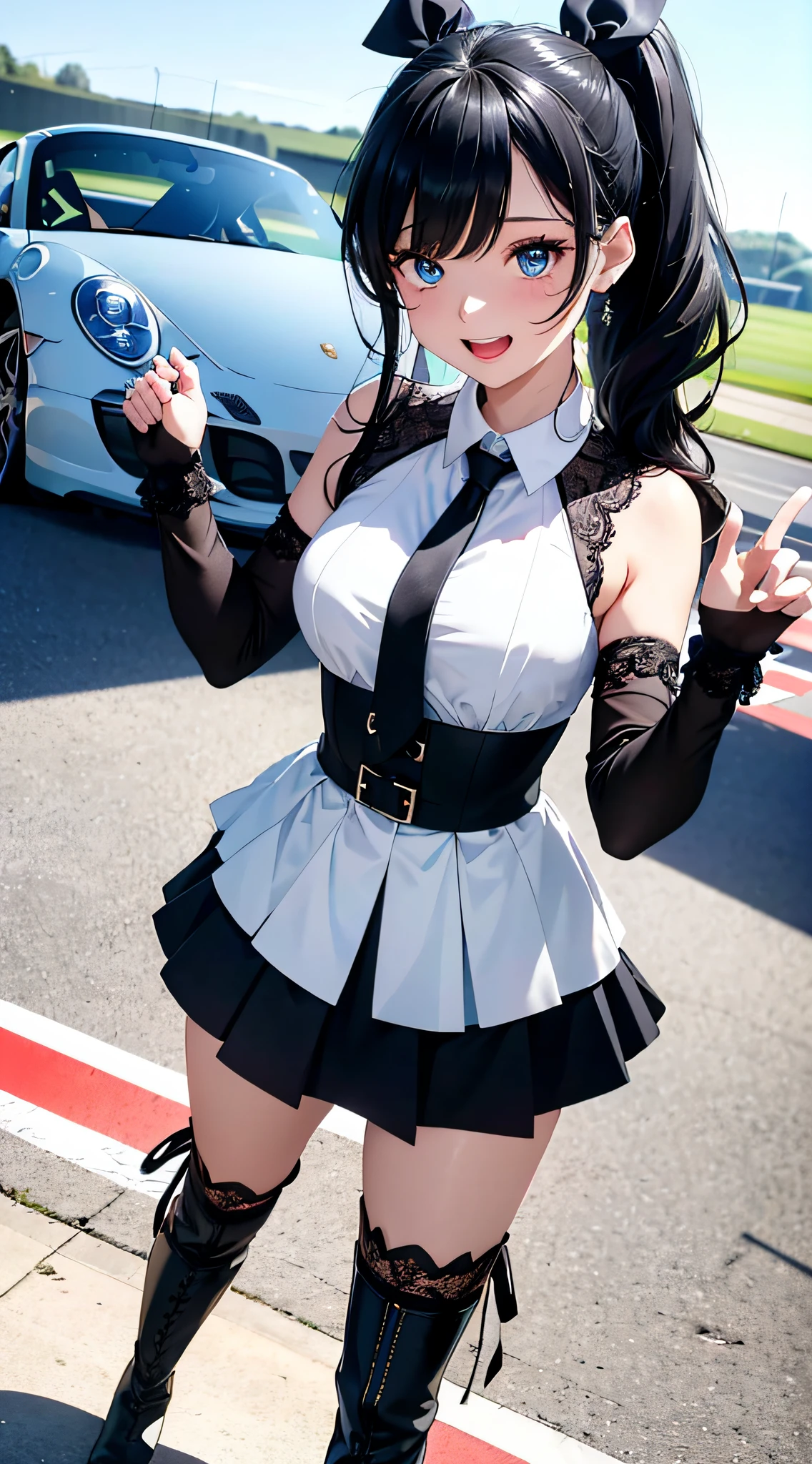 (top-quality、in 8K、32K、​masterpiece、nffsw、ighly detailed、Impresionismo、Photorealsitic:1.2)、Full body, (Circuit field、sports car on the background、Porsche 911:1.4)、deep-shadows、detailed faces and eyes、beauitful face、25 year old beauty、shinny skin, Beautiful wavy black hair、Side Ponytail、Blue eyes、beauitful face、Bright lace queen outfit、a miniskirt、wearing boots、Absolute area、Tie your hair with a big red ribbon、Curve、raise arms、Opens mouth and laughs