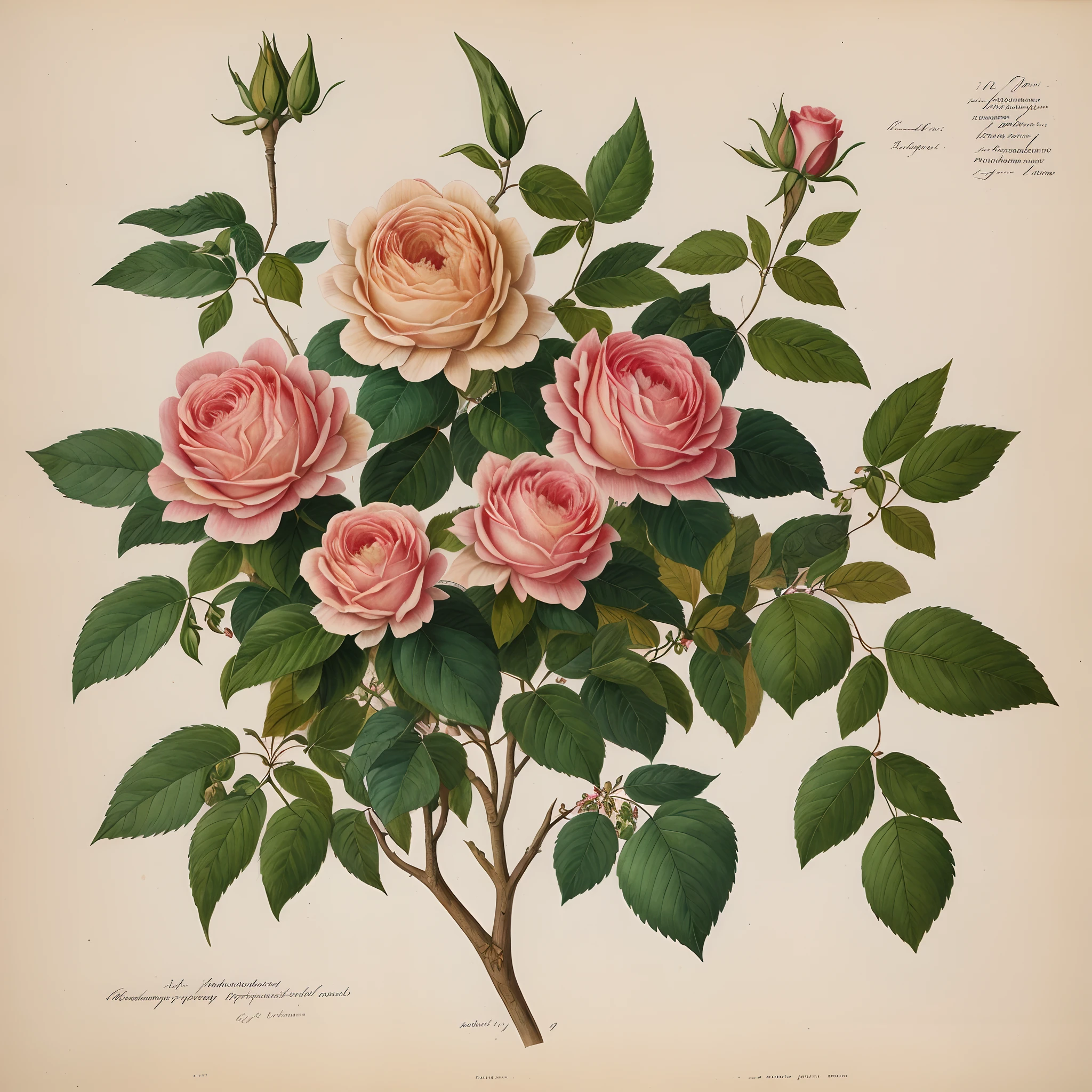 (best quality:1.2), (detailed:1.2), (masterpiece:1.2), vintage botanical illustrations of Larger Provence Rose (1770 1775) in high resolution by John Edwards