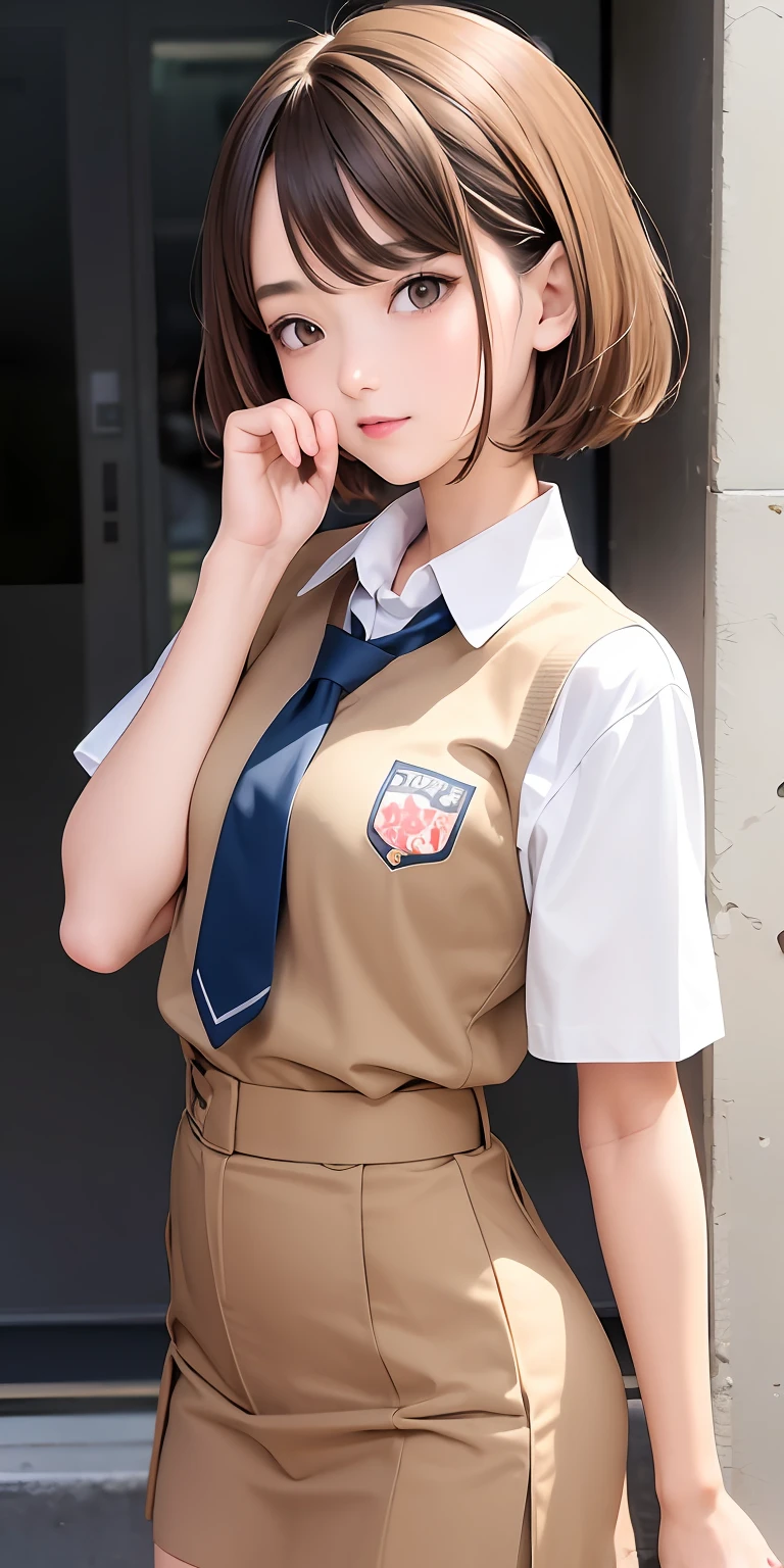 wear school uniform, High School Students, light brown hair,Short Hair , Brown eyes, female, beautiful face, fit body