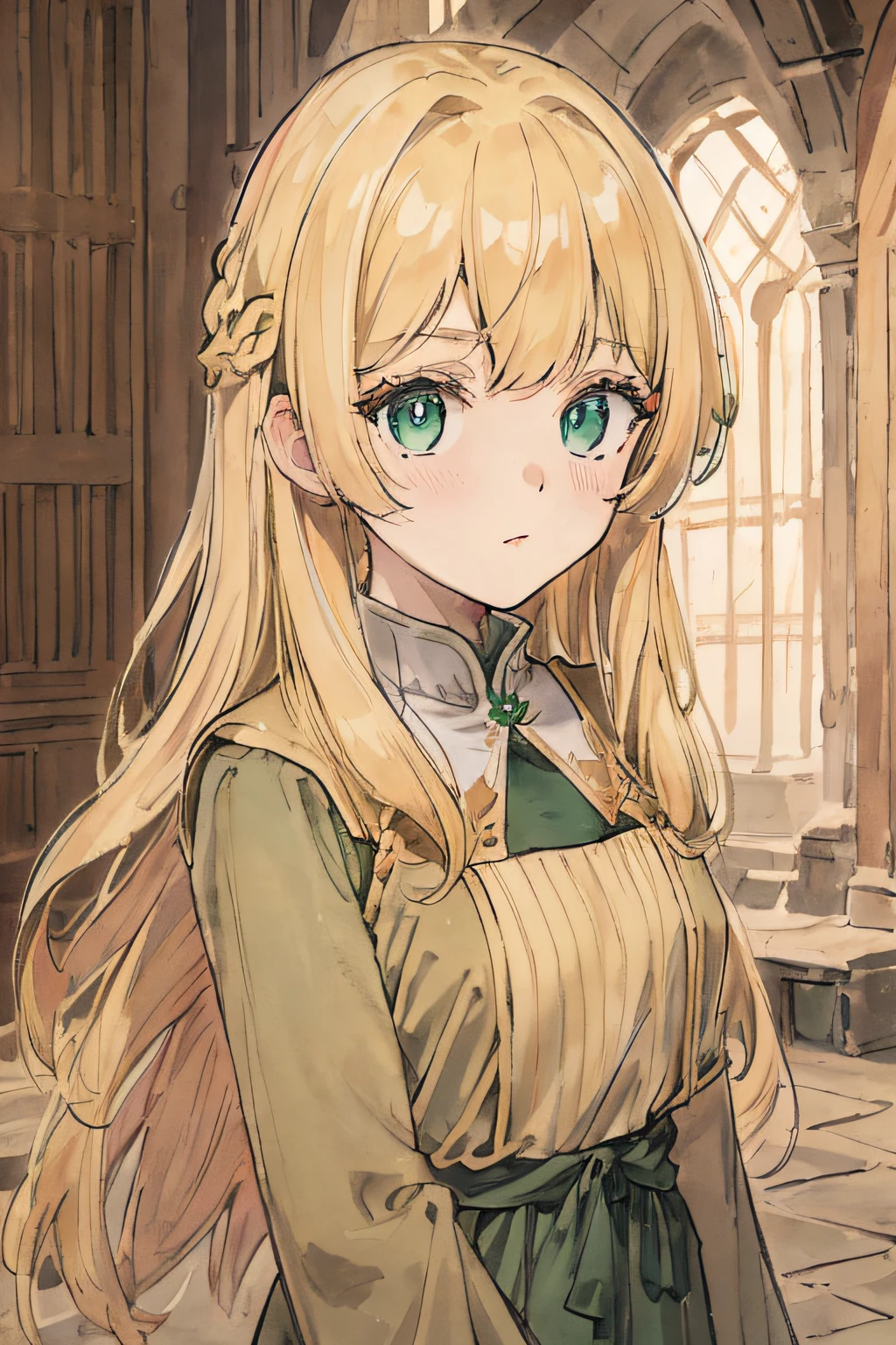 a proud young noble girl with blonde hair and green eyes, light brown medieval dress