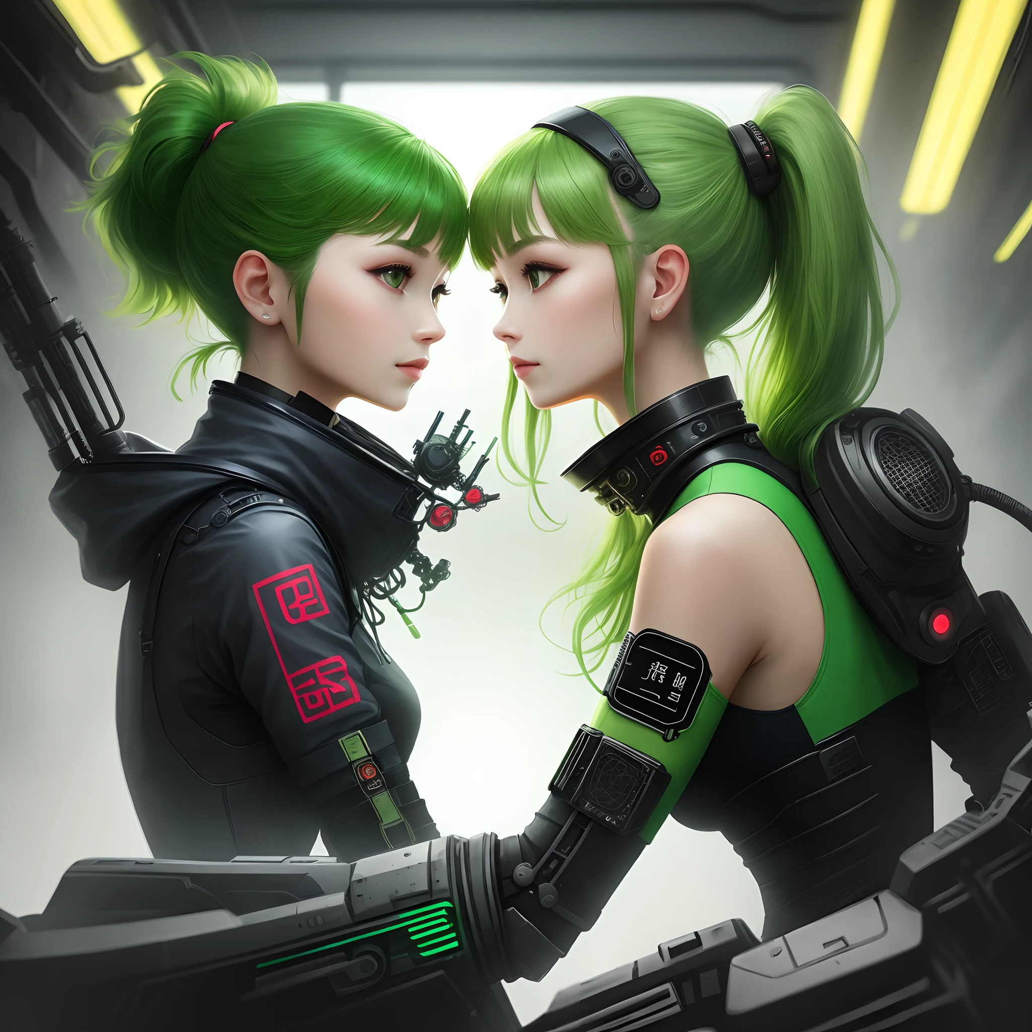Green double ponytail,sense of science and technology,cyber punk perssonage,florals,pets,China-style