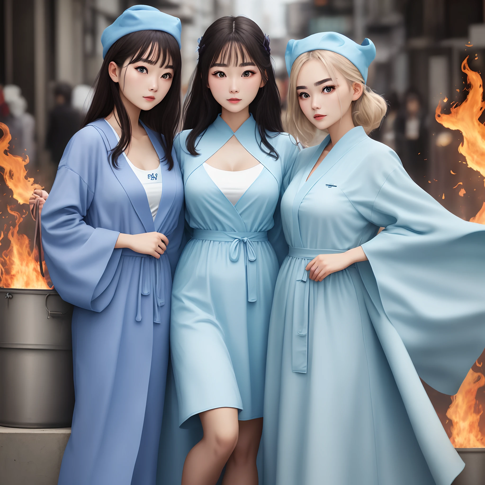 Young women have clear eyebrows，Looks no more than twenty years old，The cyan bucket is a peculiar set、A robe composed of blue and white，There is an unusually conspicuous triple flame logo at the neckline。