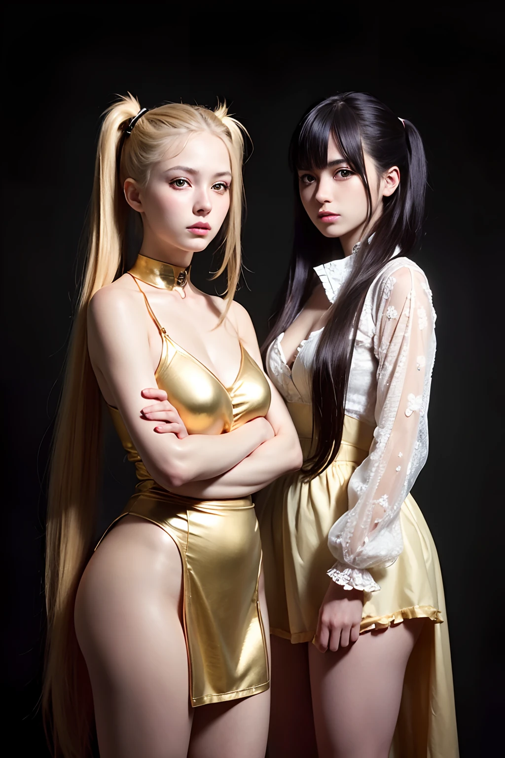 Best quality, masterpiece, ultra high res, (photorealistic:1.4), raw photo, (((two girls,duo))), long hair, gold hair, detailed eyes and face,colorful pigtail, anime cosplaying, dynamic lighting, in the dark, deep shadow, low key, cowboy shot