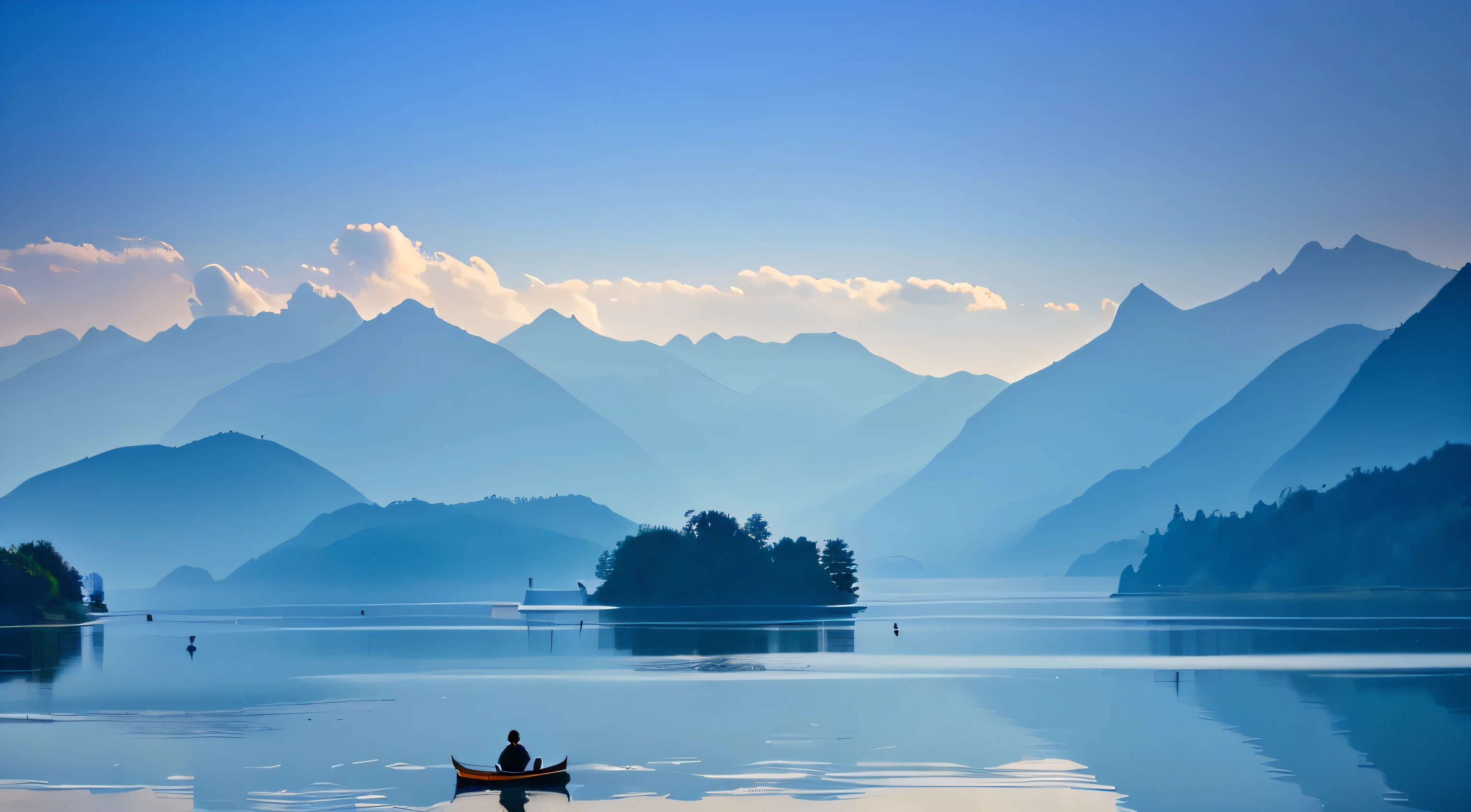 The mountains are in the distance, Tranquil scenery on the lake surface，A beautiful woman rowing a boat，Wearing Dai costumes，The sun has just risen，There is a flock of ducks in the water， in a serene landscape, beautiful serene landscape,