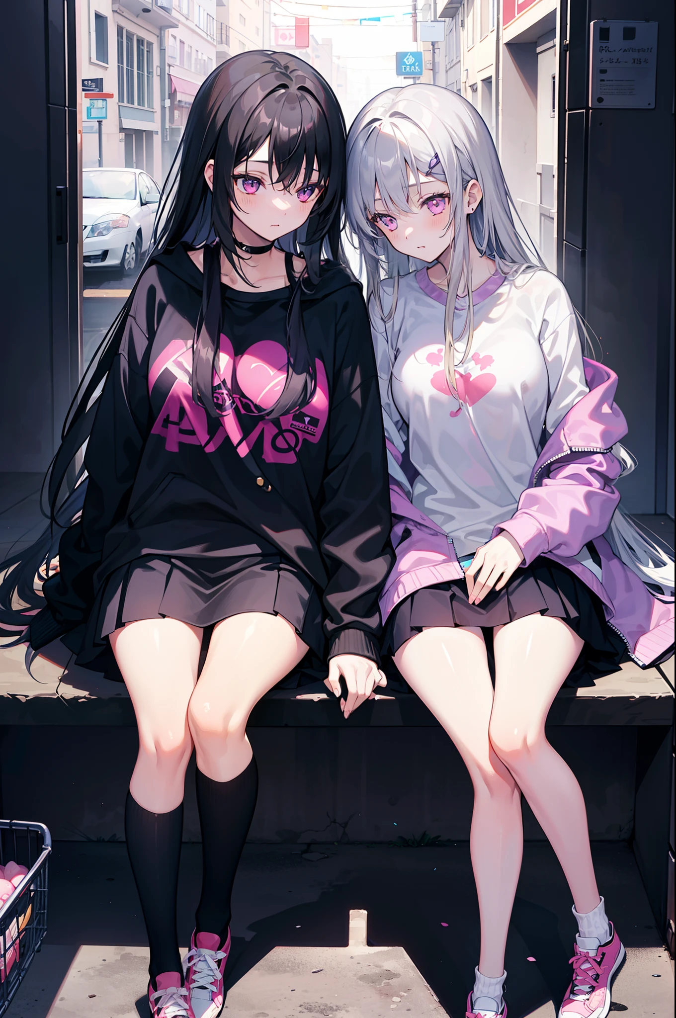 2 girls hugging each other, One has long black hair, purple eyes...., The other has long ash-gray hair, pink eyes...., High Quality, couple , Girls love girls.................., Yuri ,A Beautiful Girl, lesbian, lover ,. love., . Expressions of love. lover. date. , Streetwear. jacket ,Room,at night,