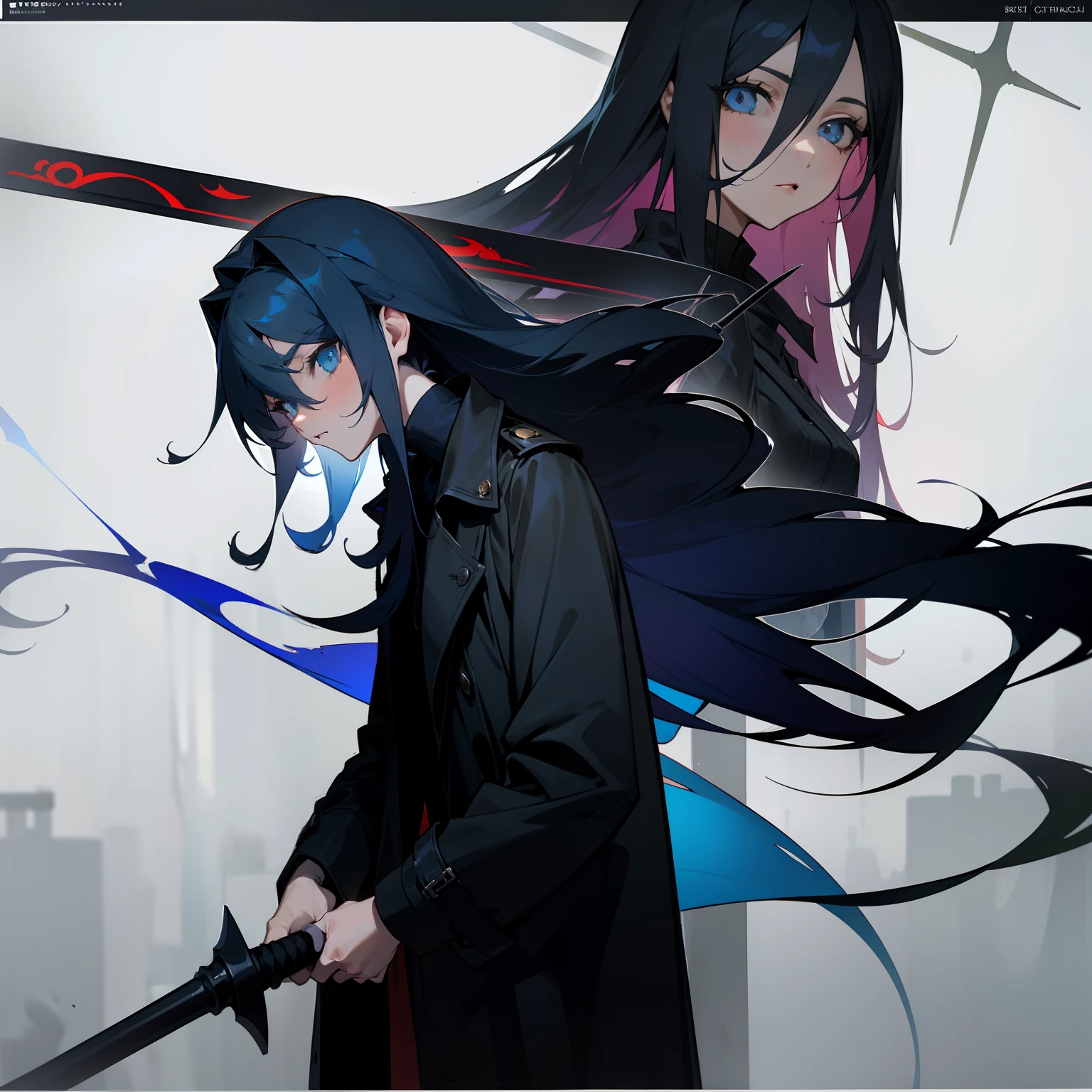 (tmasterpiece,best qualtiy),Concept avatar,style of surrealism,Long-haired, blue-eyed pseudonym,a black trench coat,Scythe and hammer