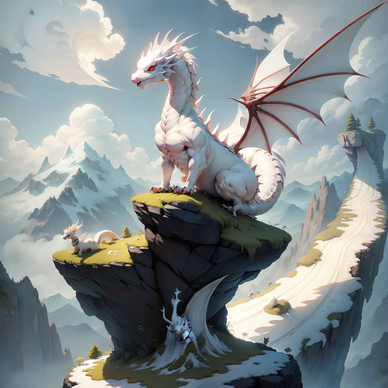 A cute white dragon eats in a mountain