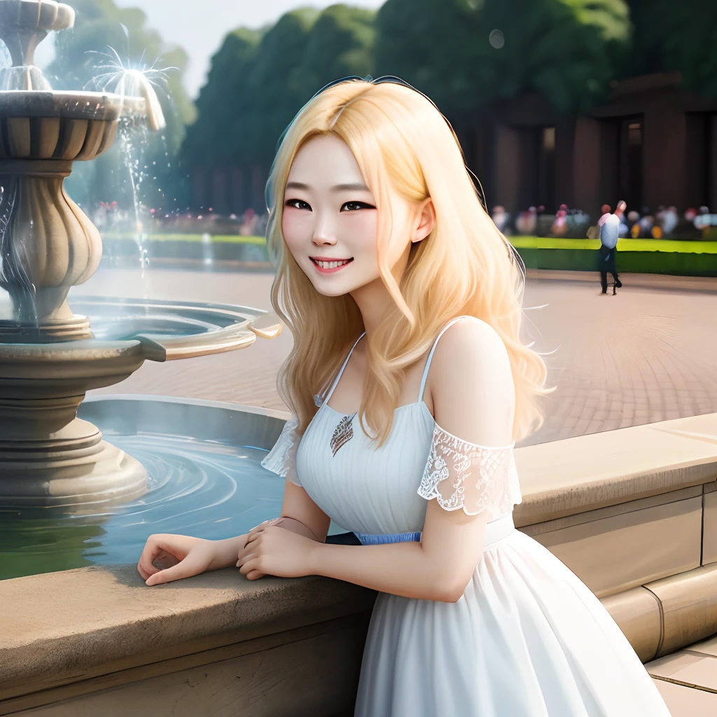 Near the fountain in the Royal Palace。
Blonde long-haired woman smiling。
Flinch white dress
View here