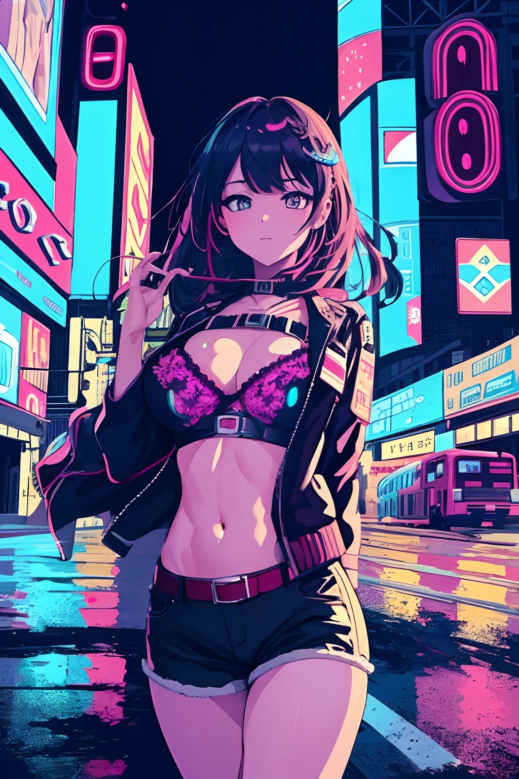 best quality, 4K wallpaper, masterpiece, extremely detailed CG unity 8k wallpaper, extremely detailed eyes, ultra-detailed, intricate details, 1girl, retro art style, neon_pop art style, public, outdoors, road sign, city,