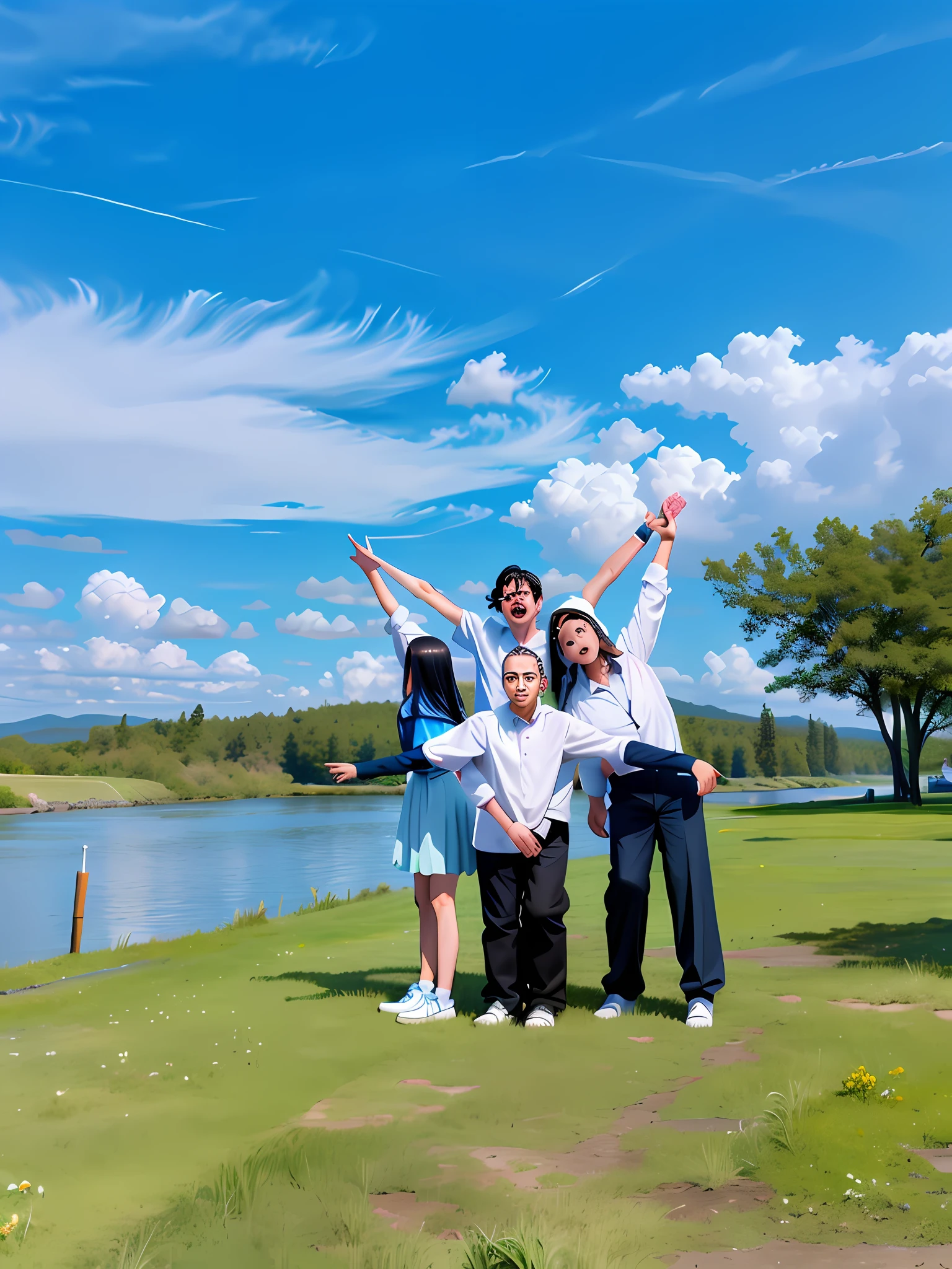 On the grass by the lake stood three people, in a scenic background, children's, Great masterpiece, beautiful fine sky, is playing happily, vacation photo, Photo taken with Nikon D750, Photo taken with Nikon D 7 5 0, educational, bright sunny summer day, High school, wonderful masterpiece, Beautiful surroundings
